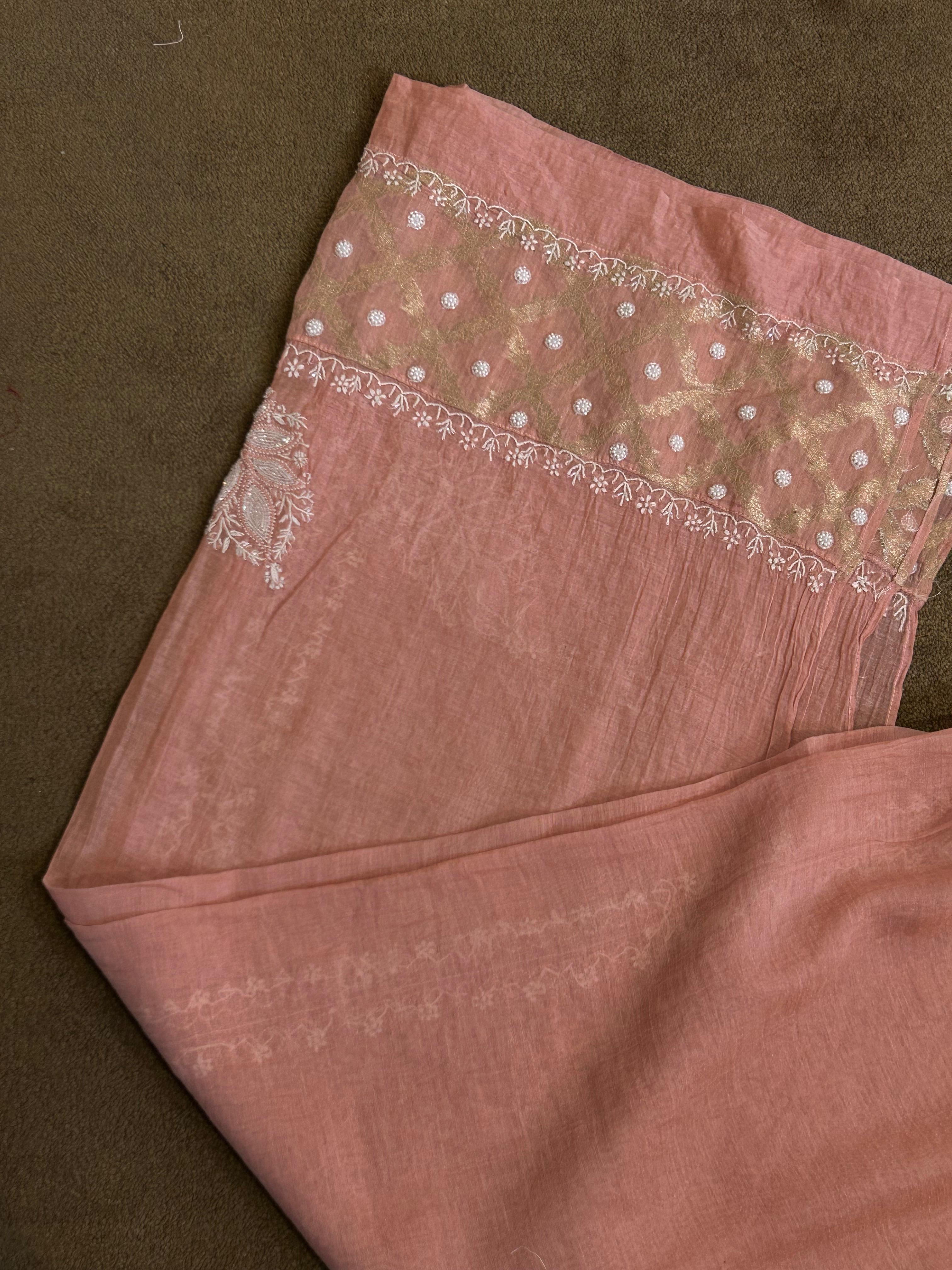 Peach tissue chikankari co-ord set