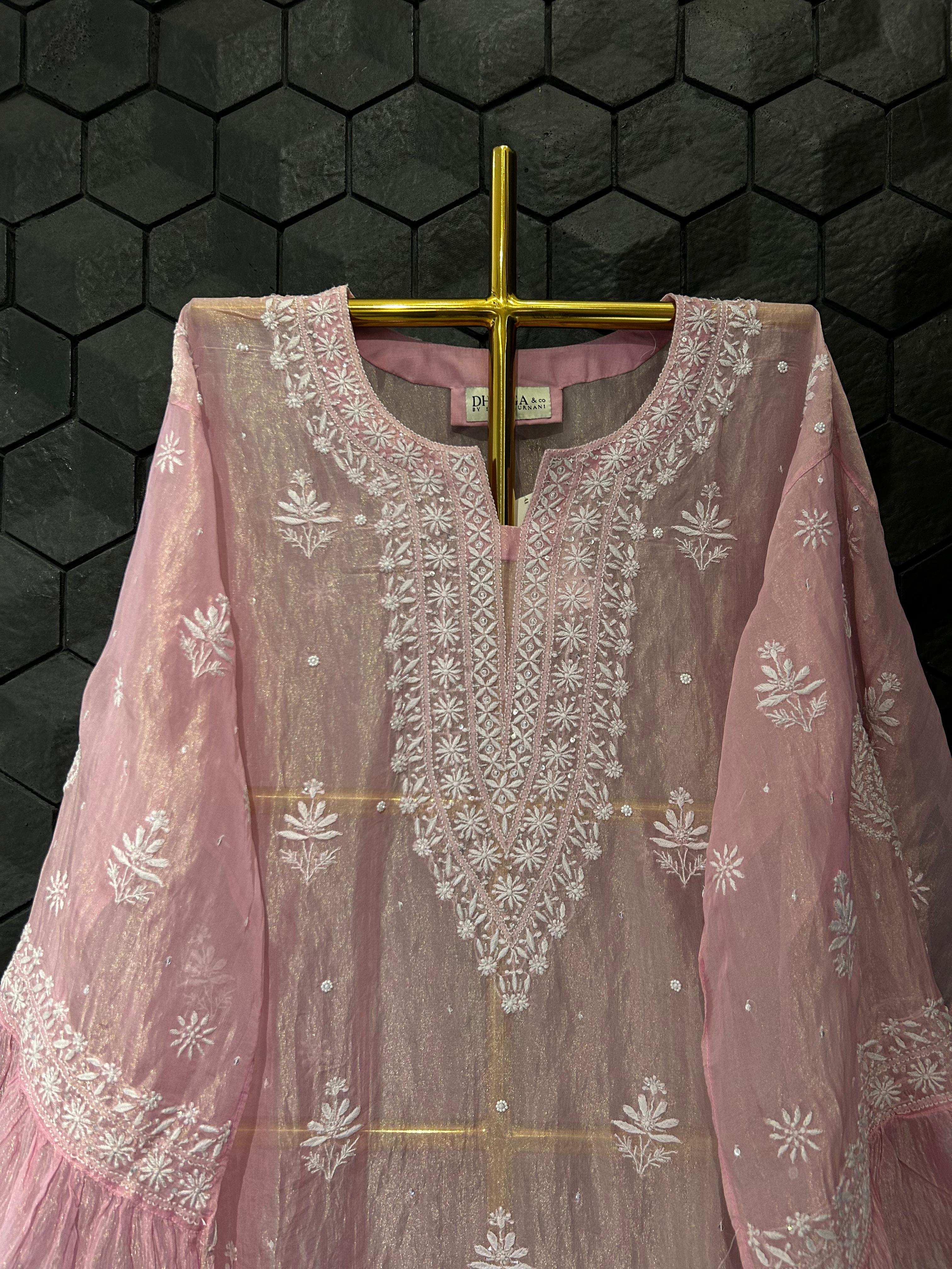 Pink Shimmer tissue chikankari co-ord set