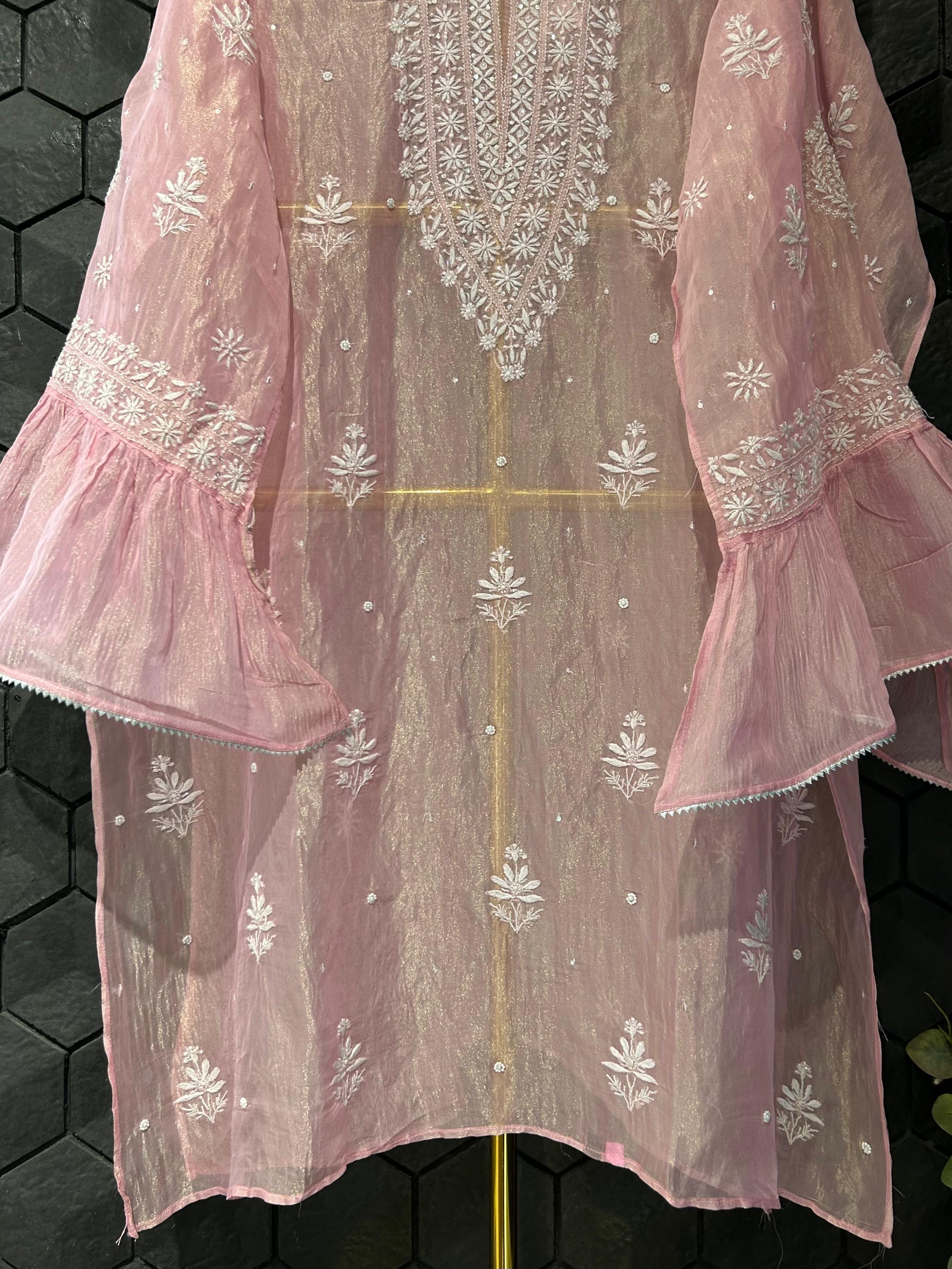 Pink Shimmer tissue chikankari co-ord set