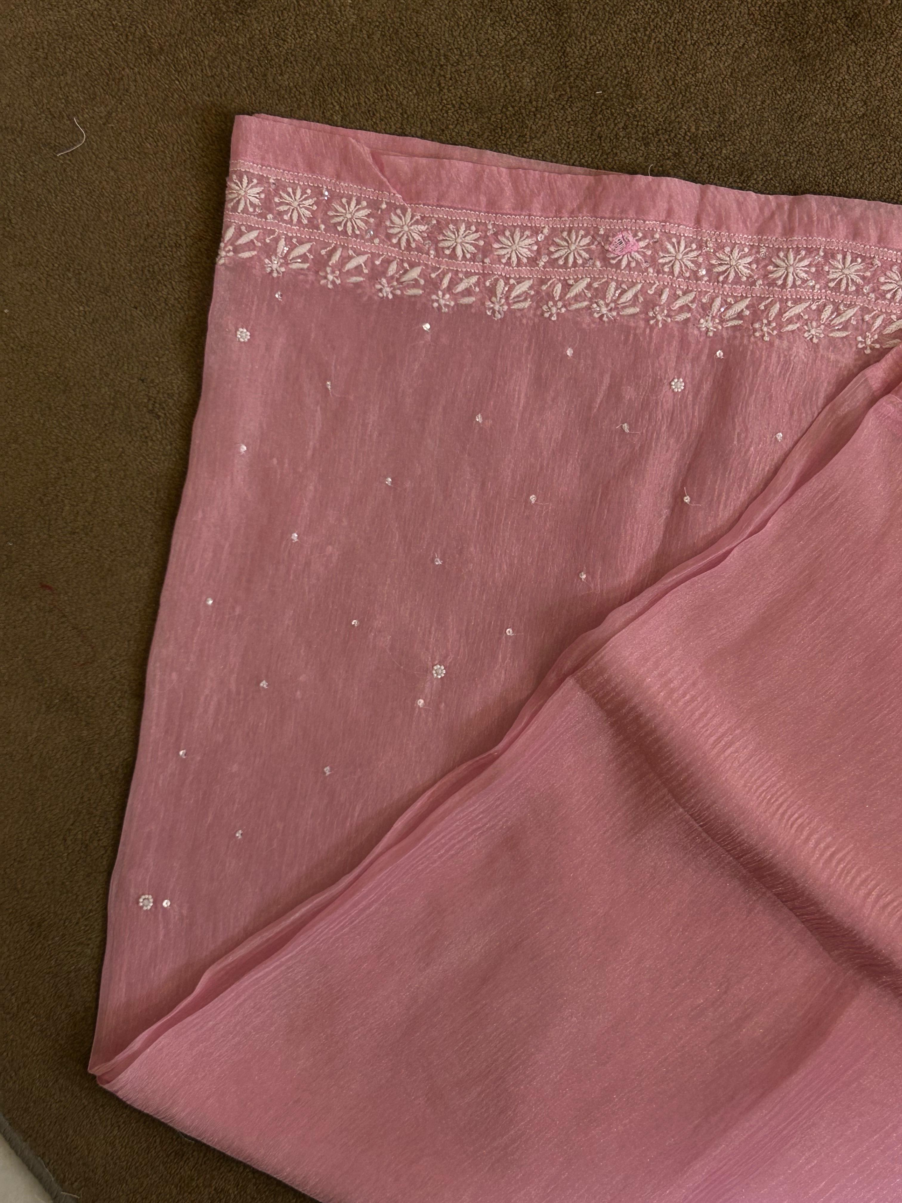Pink Shimmer tissue chikankari co-ord set