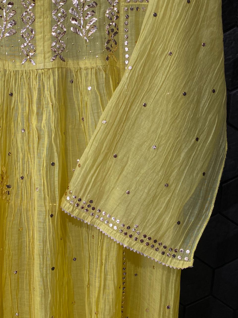 Lime yellow mul chanderi mukaish kurta set