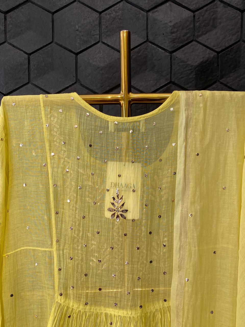 Lime yellow mul chanderi mukaish kurta set