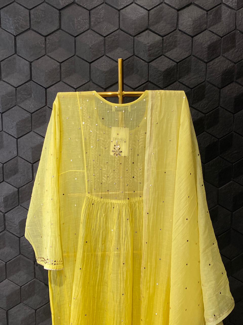 Lime yellow mul chanderi mukaish kurta set