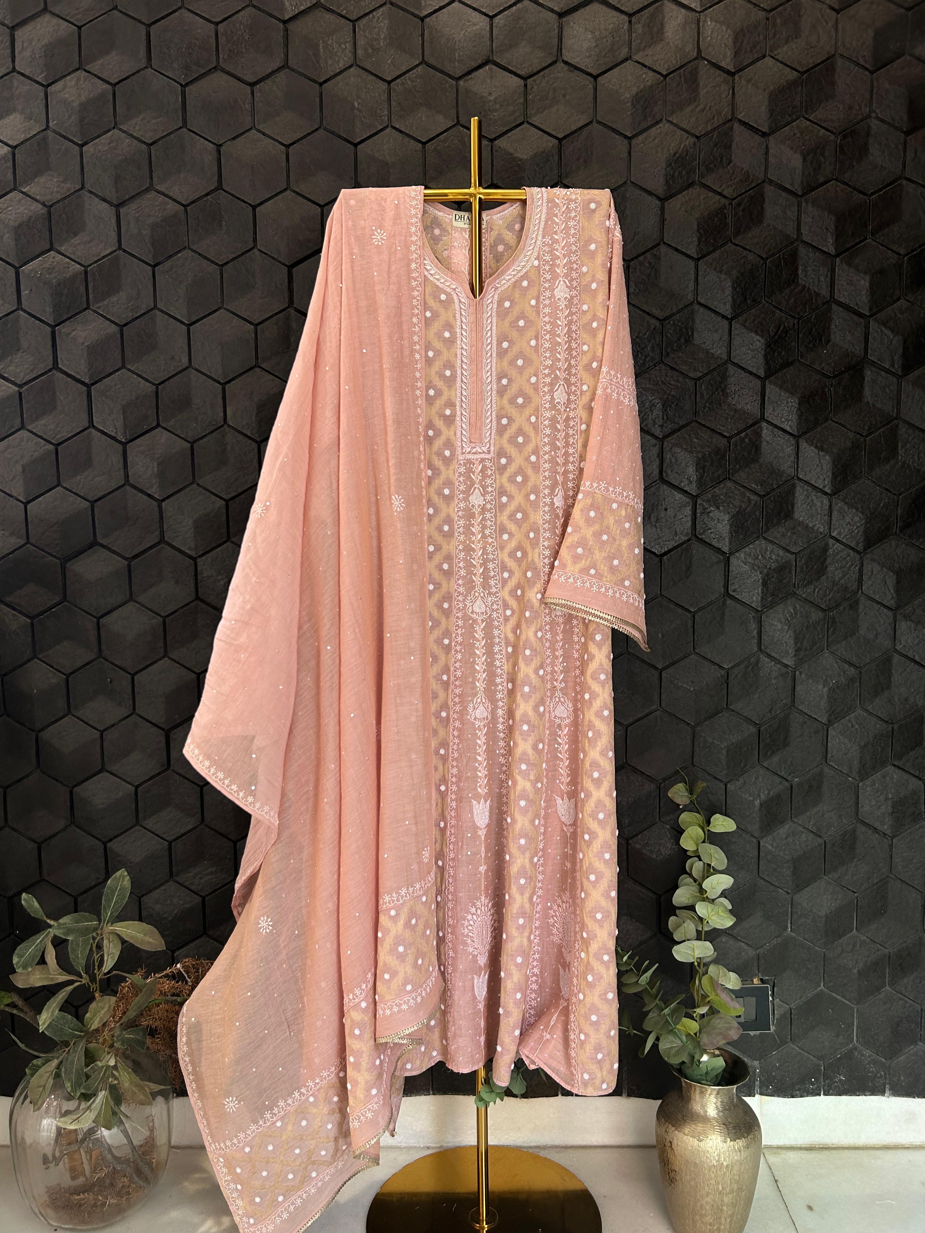 Pink Golden Tissue Chikankari Anarkali Set