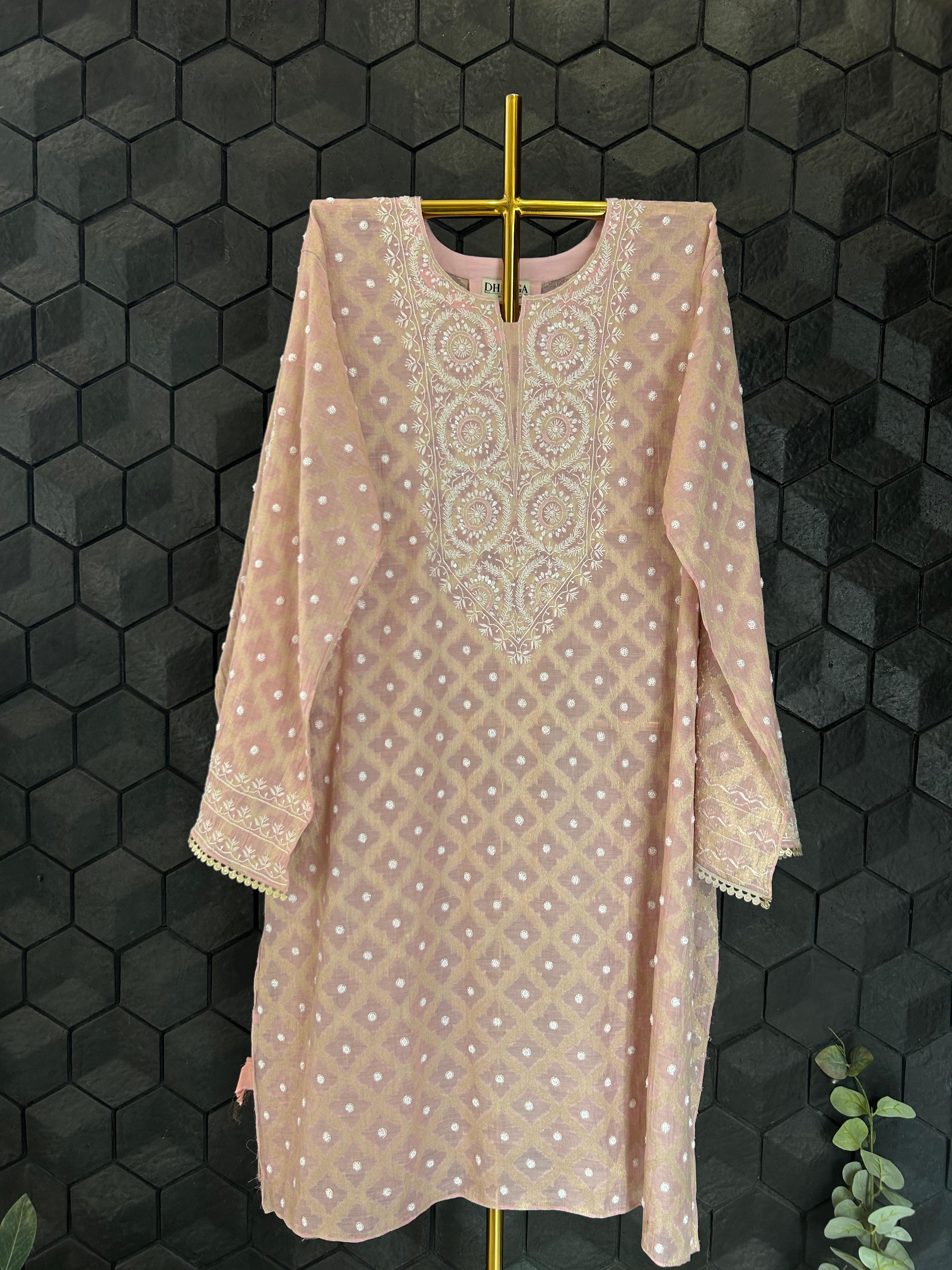 Pink Silver Tissue Chikankari Co-ord Set