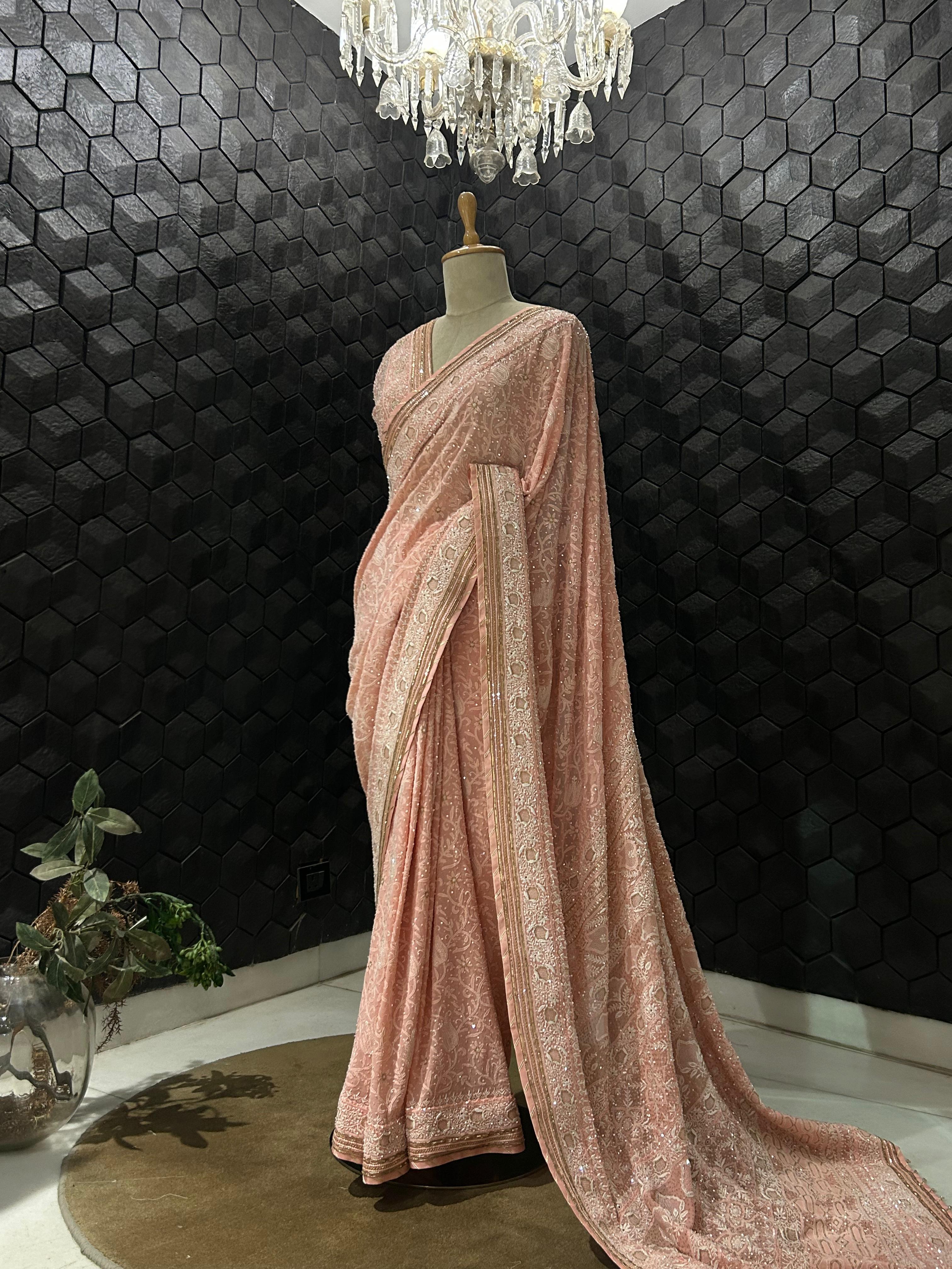 Pink ek-taar Georgette chikankari saree