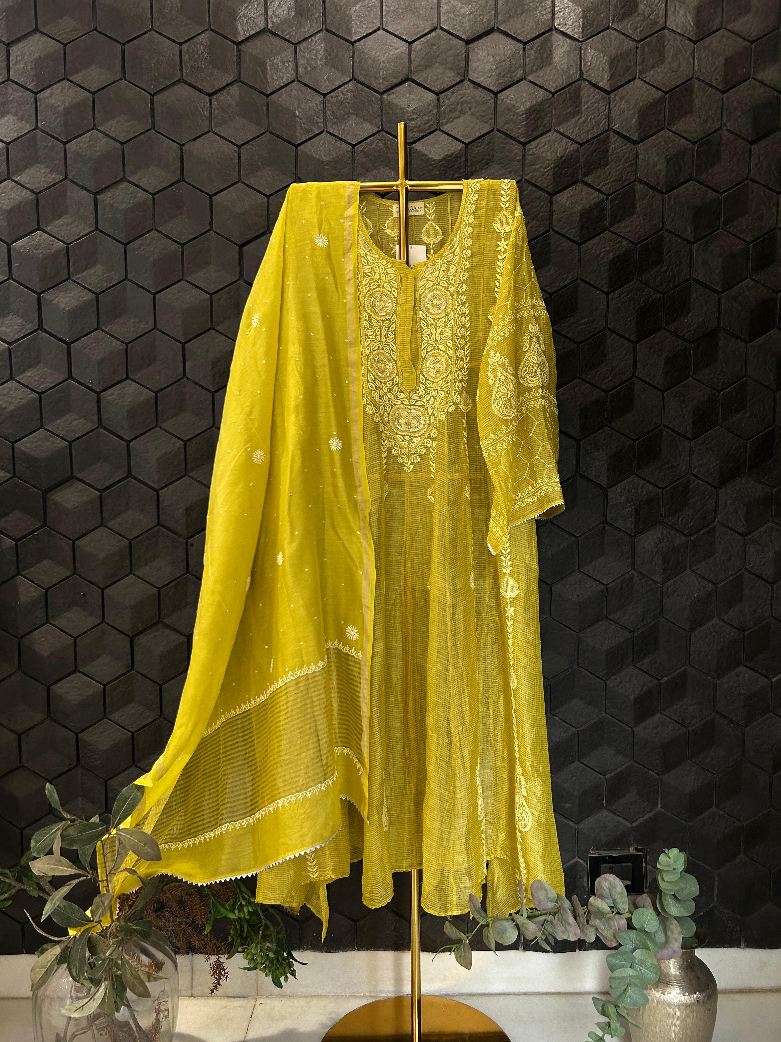 Green Striped Tissue Chikankari Anarkali Set