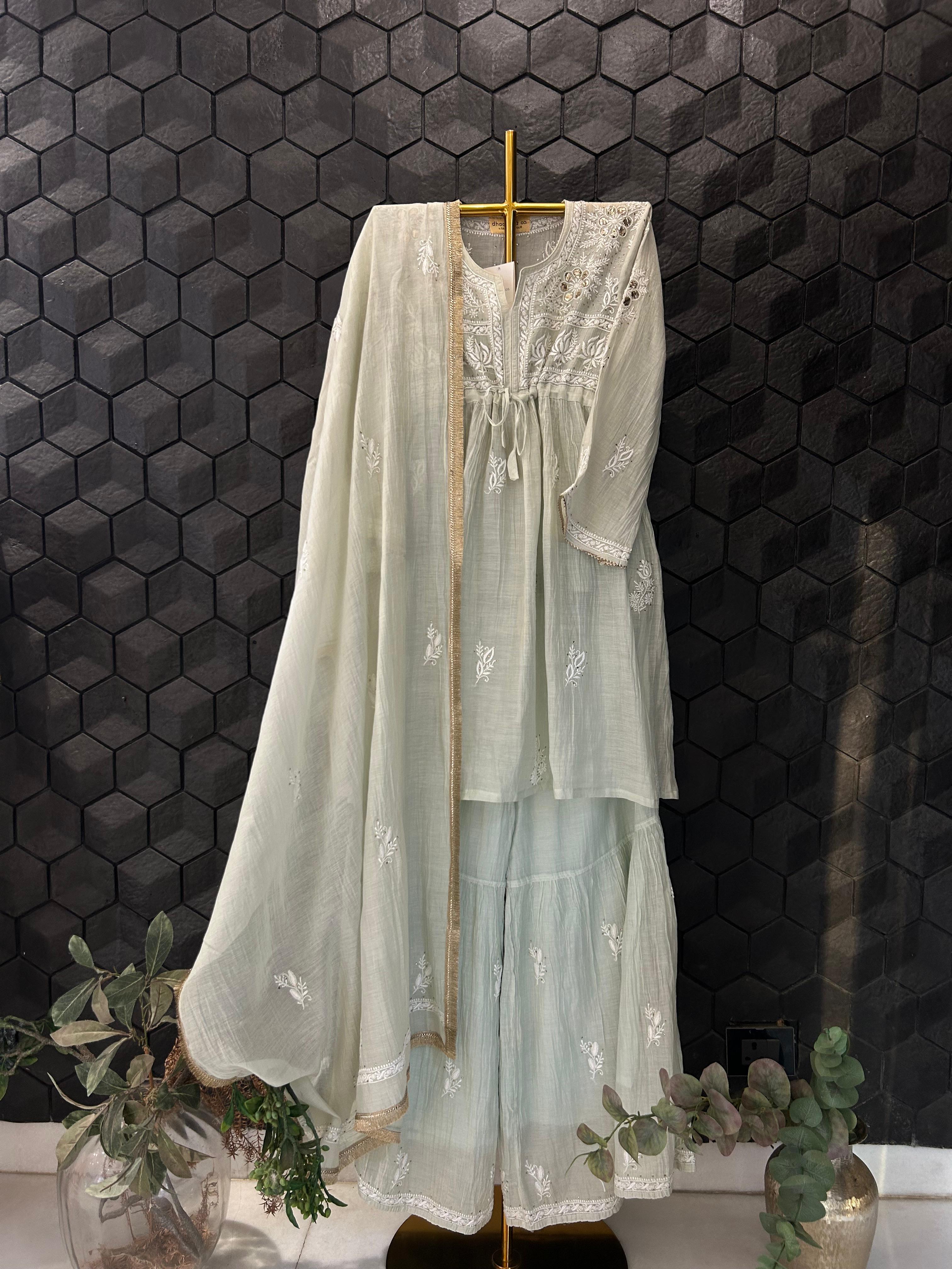 Green Mul Chanderi Chikankari Sharara Set