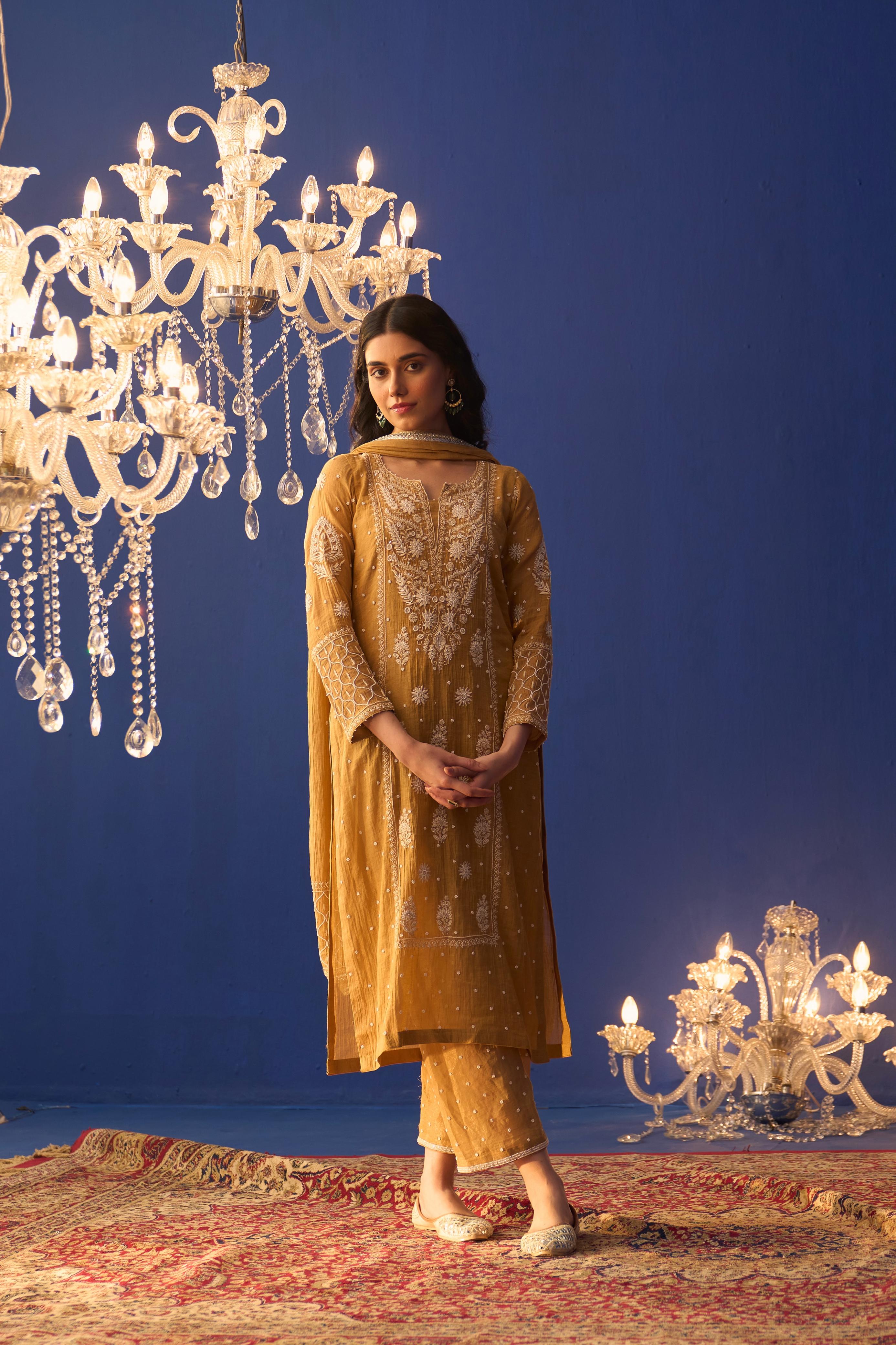 Mustard tissue chikankari kurta set