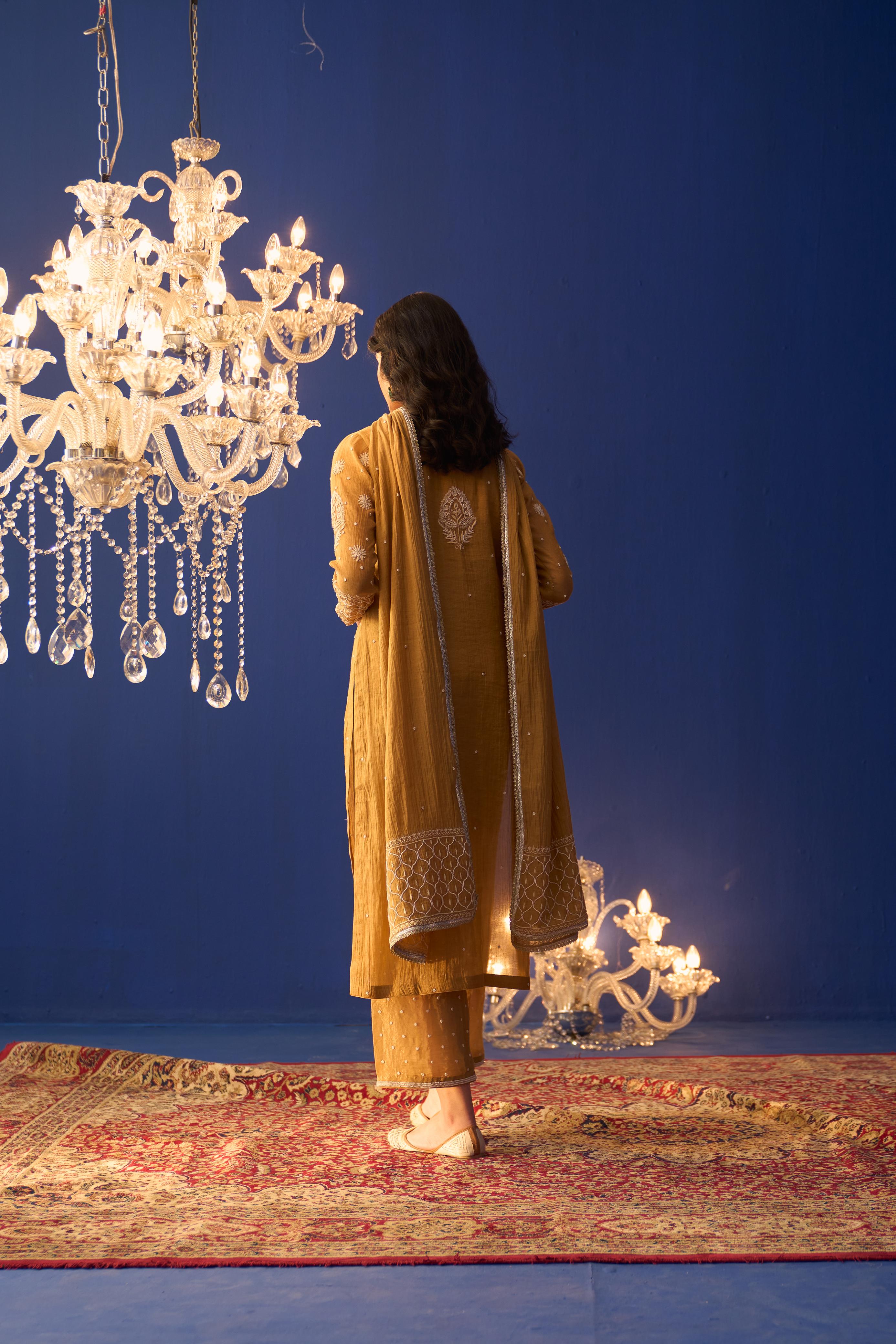 Mustard tissue chikankari kurta set