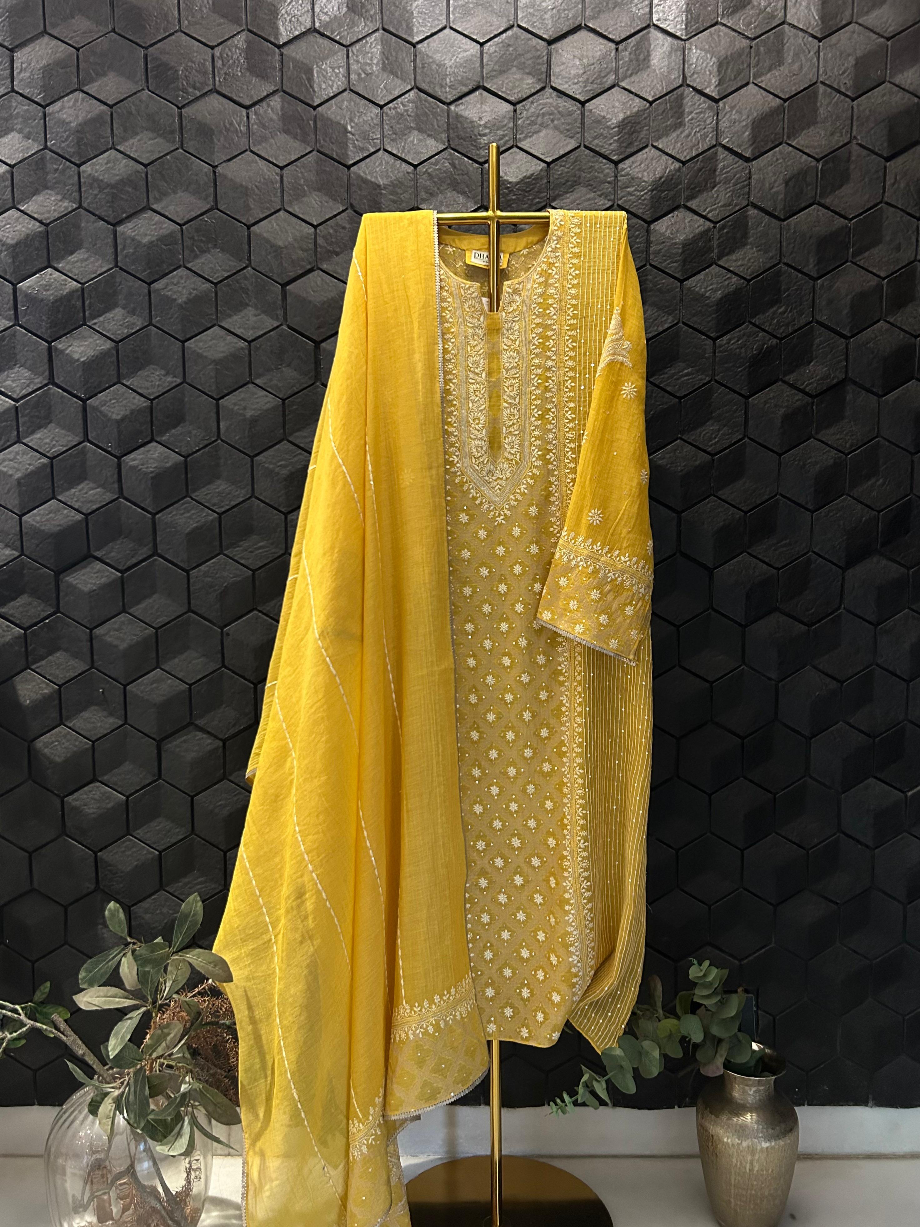 Mustard tissue chikankari kurta set