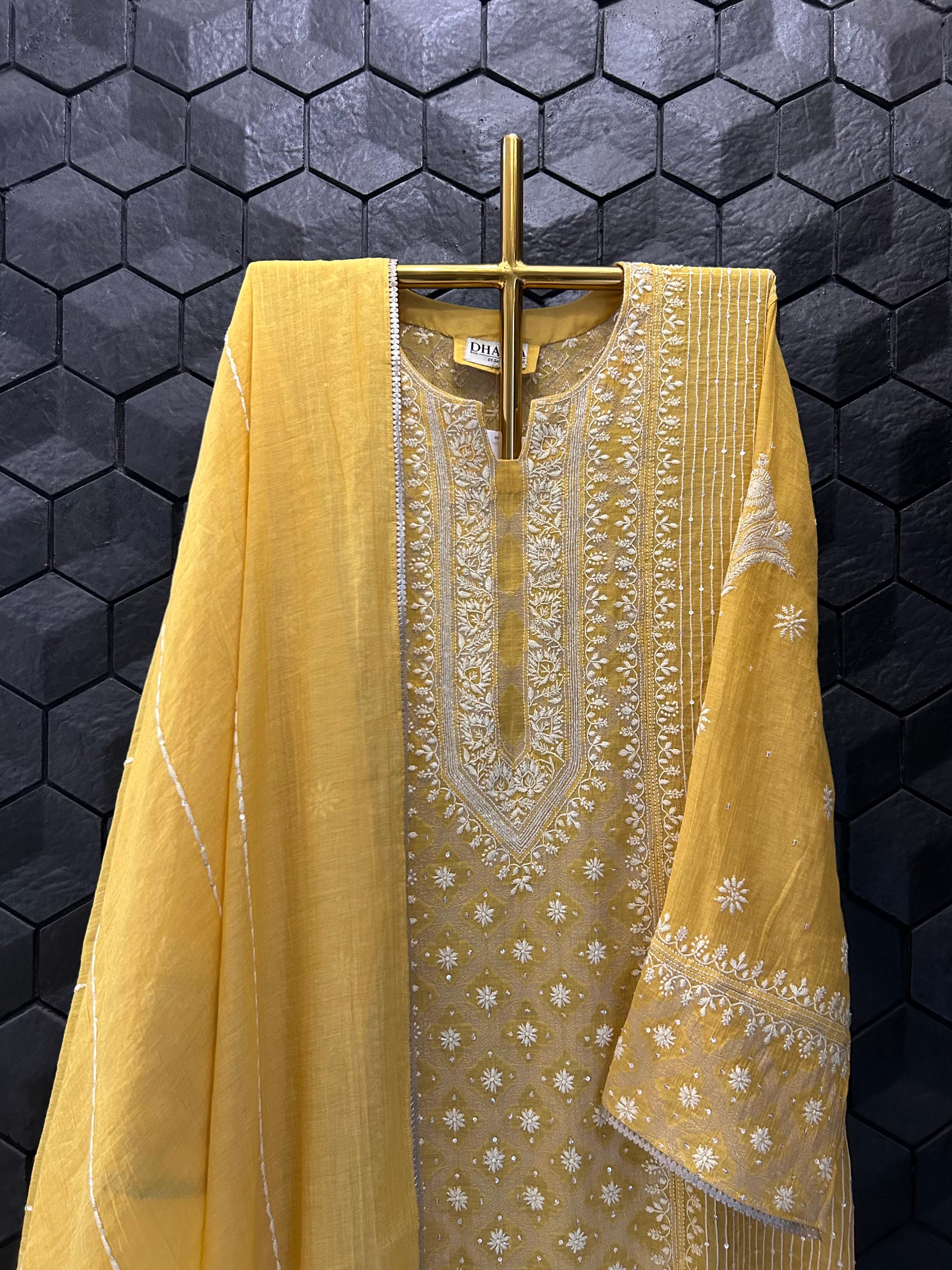 Mustard tissue chikankari kurta set