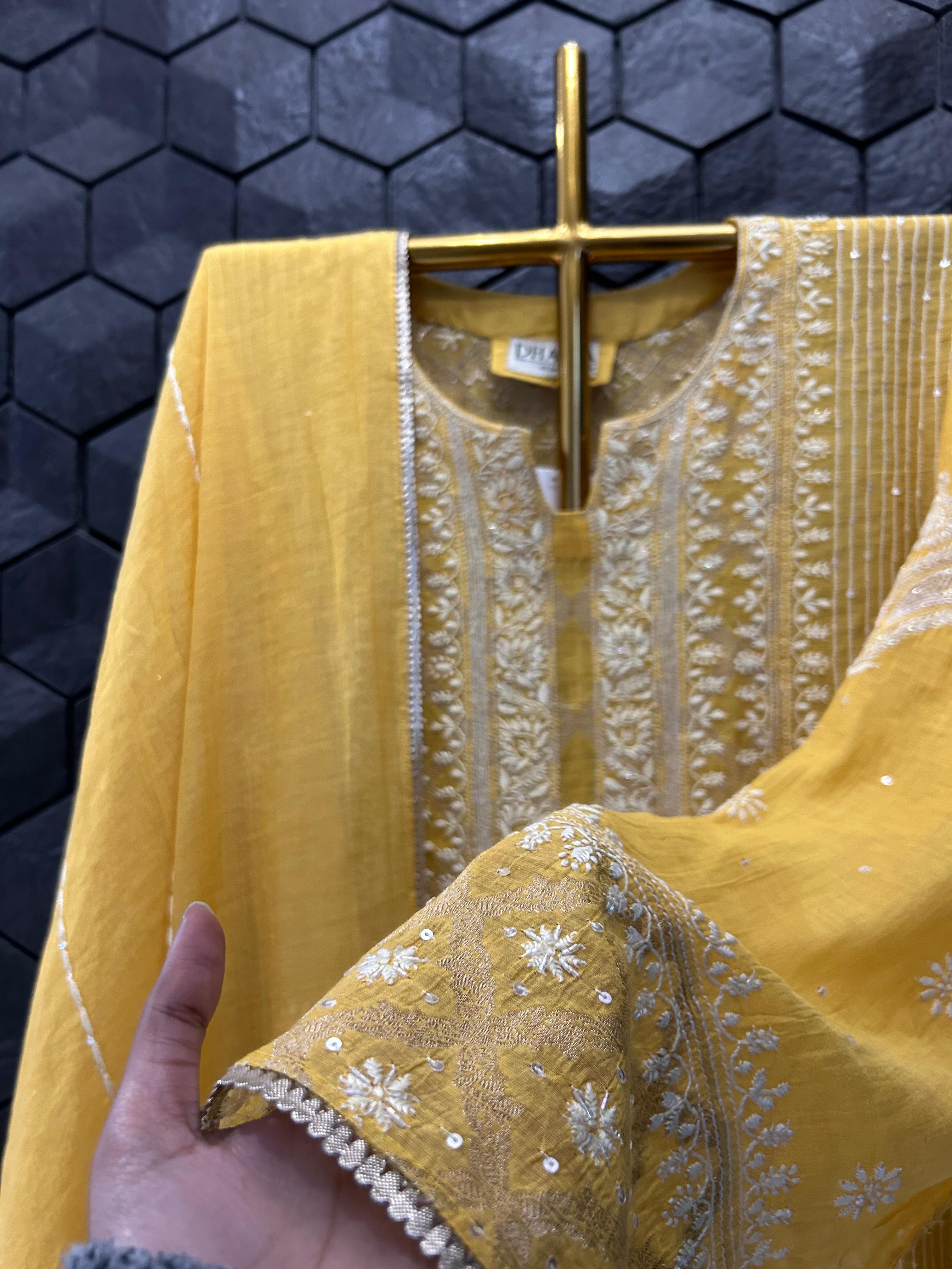 Mustard tissue chikankari kurta set