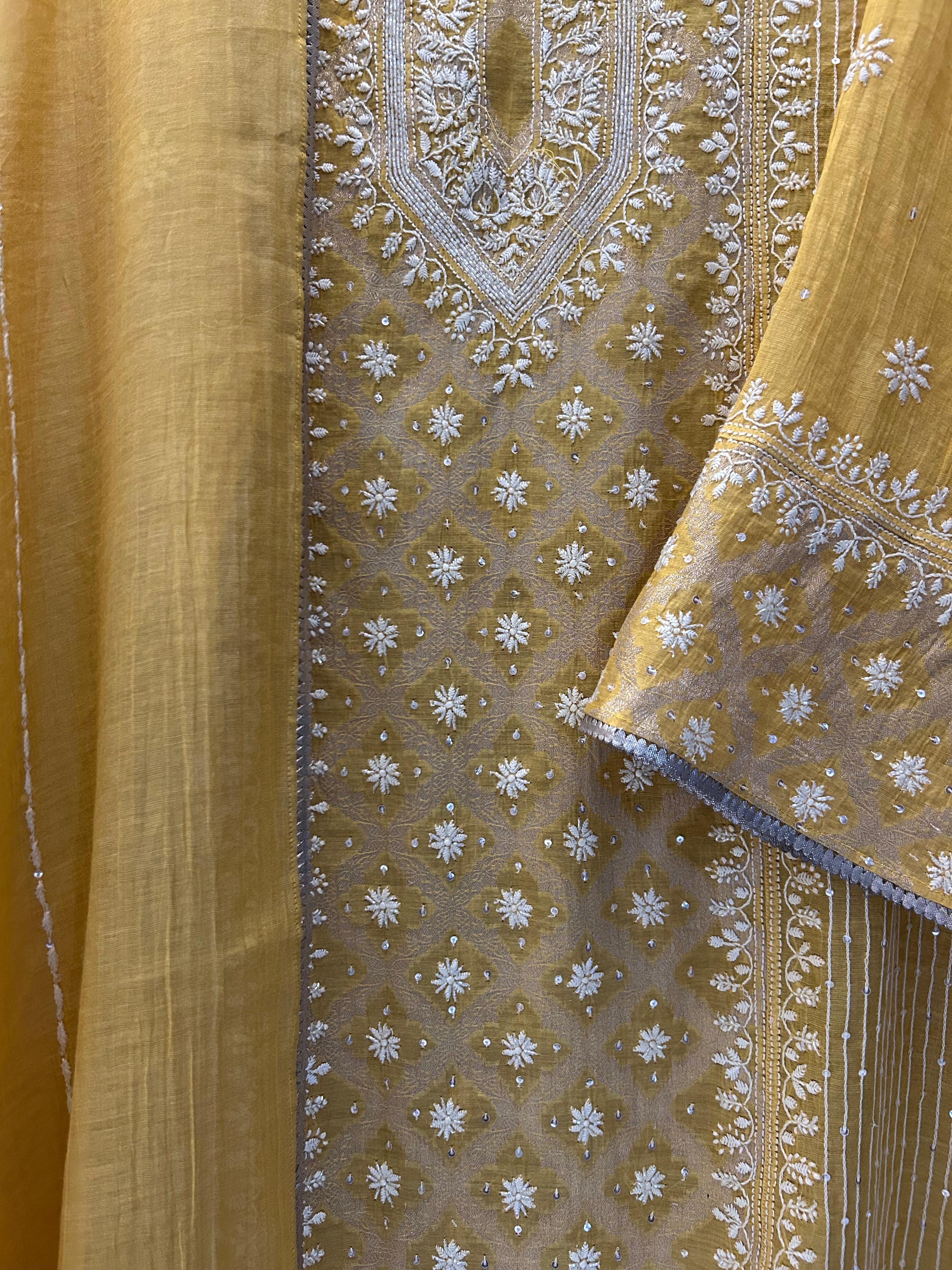 Mustard tissue chikankari kurta set