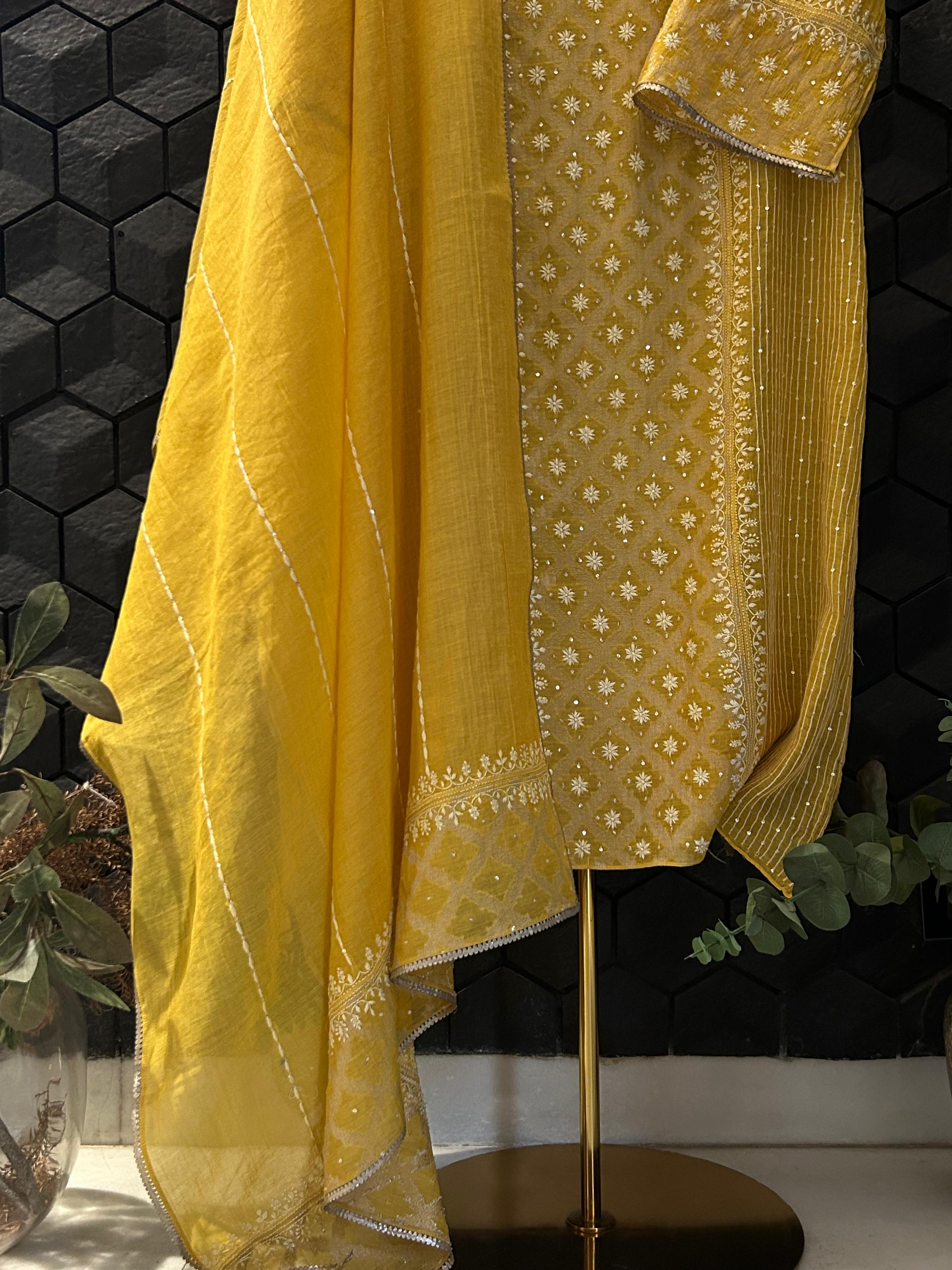 Mustard tissue chikankari kurta set