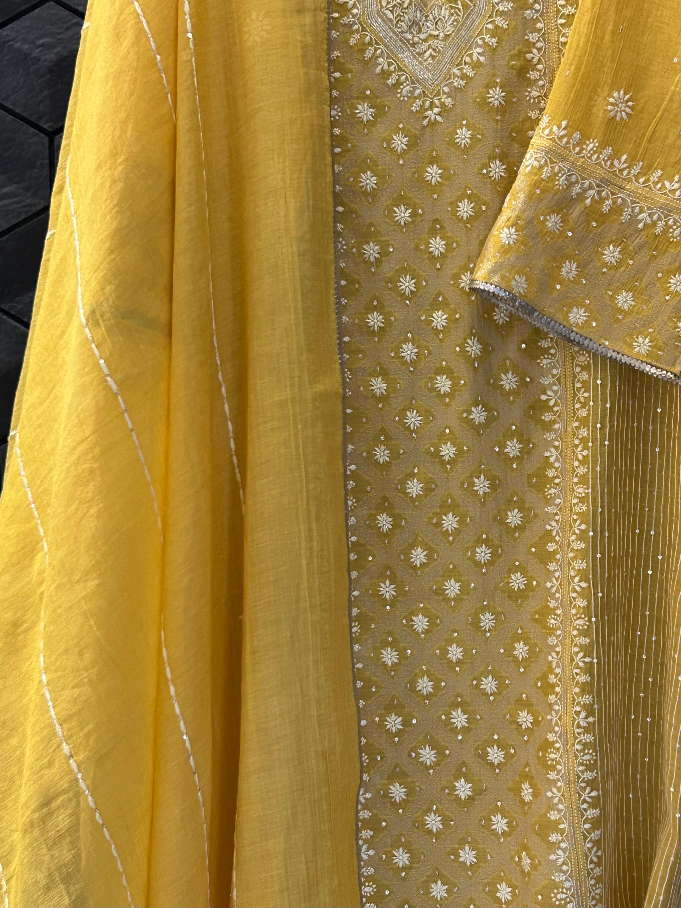 Mustard tissue chikankari kurta set