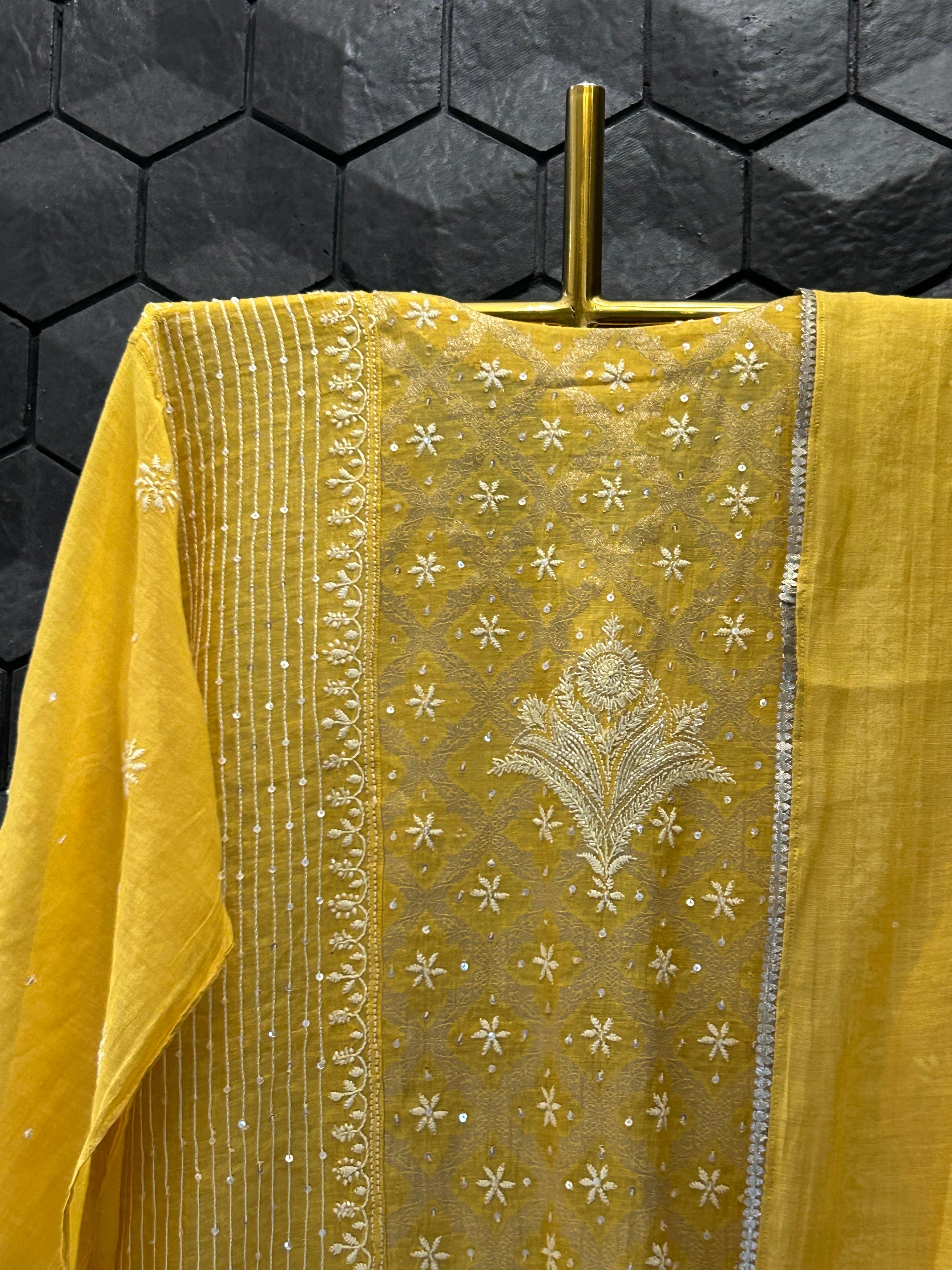 Mustard tissue chikankari kurta set