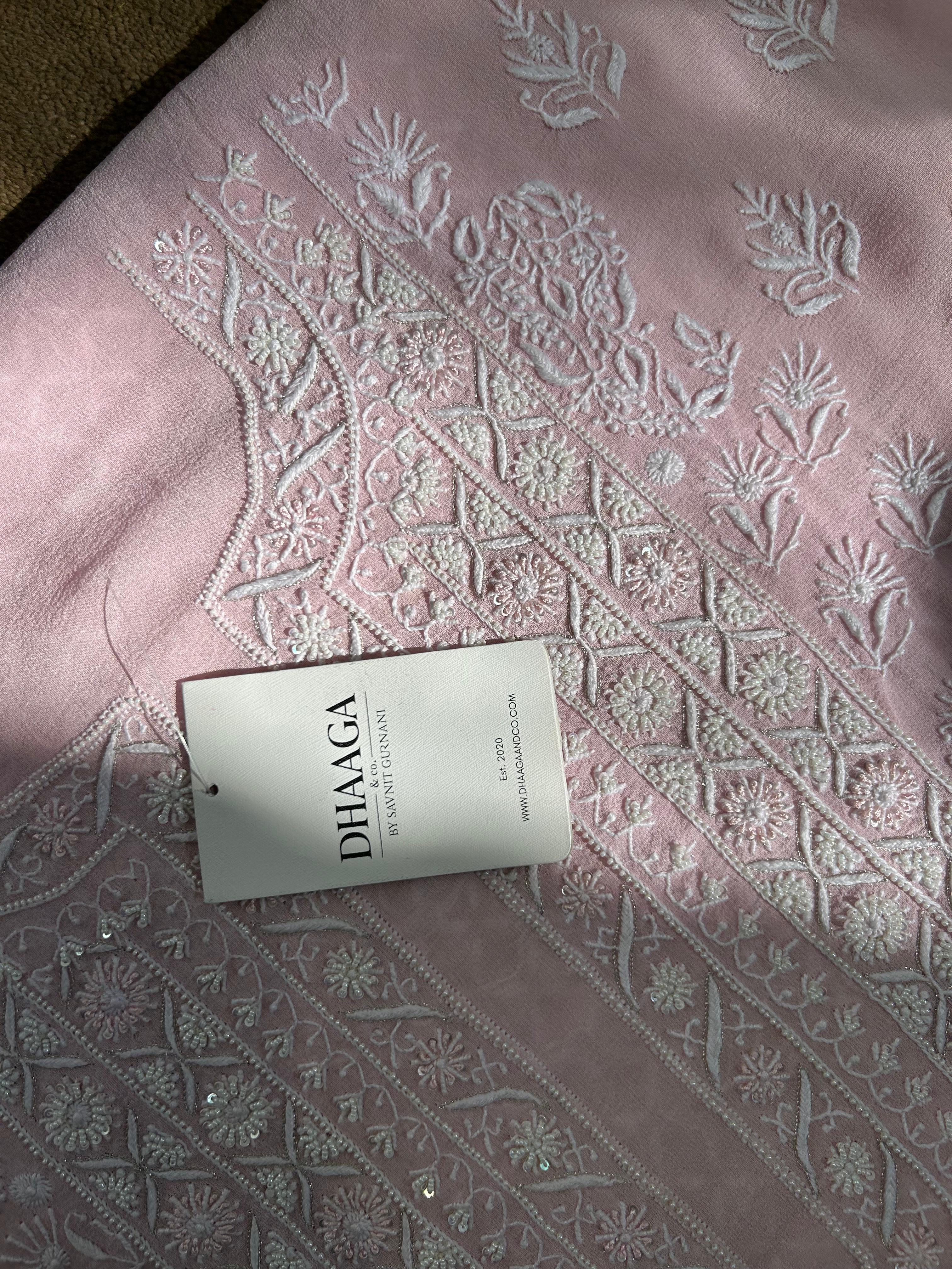 Pink Georgette Chikankari Mens Kurta