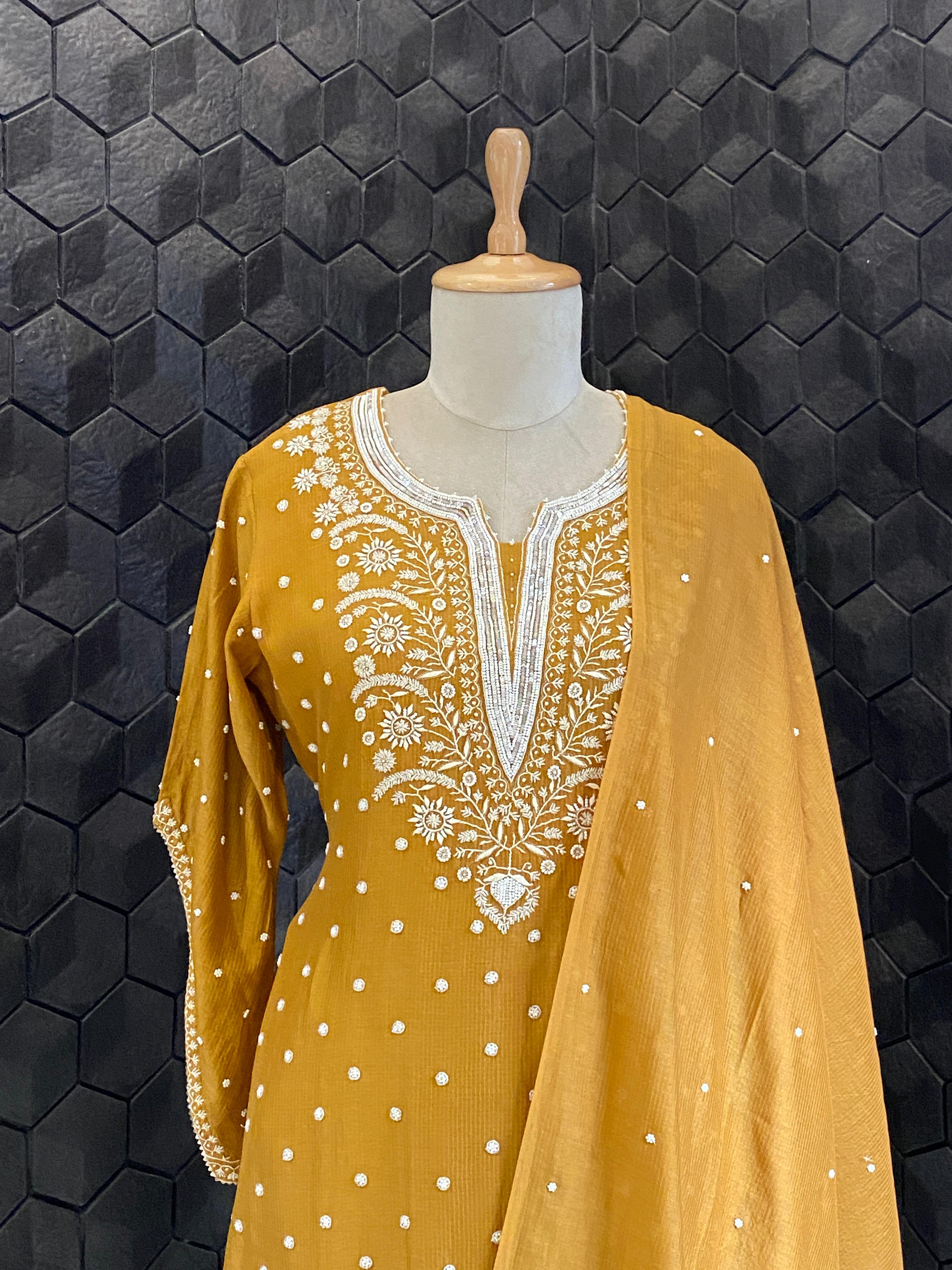 Mustard Maheshwari Chikankari Suit Set