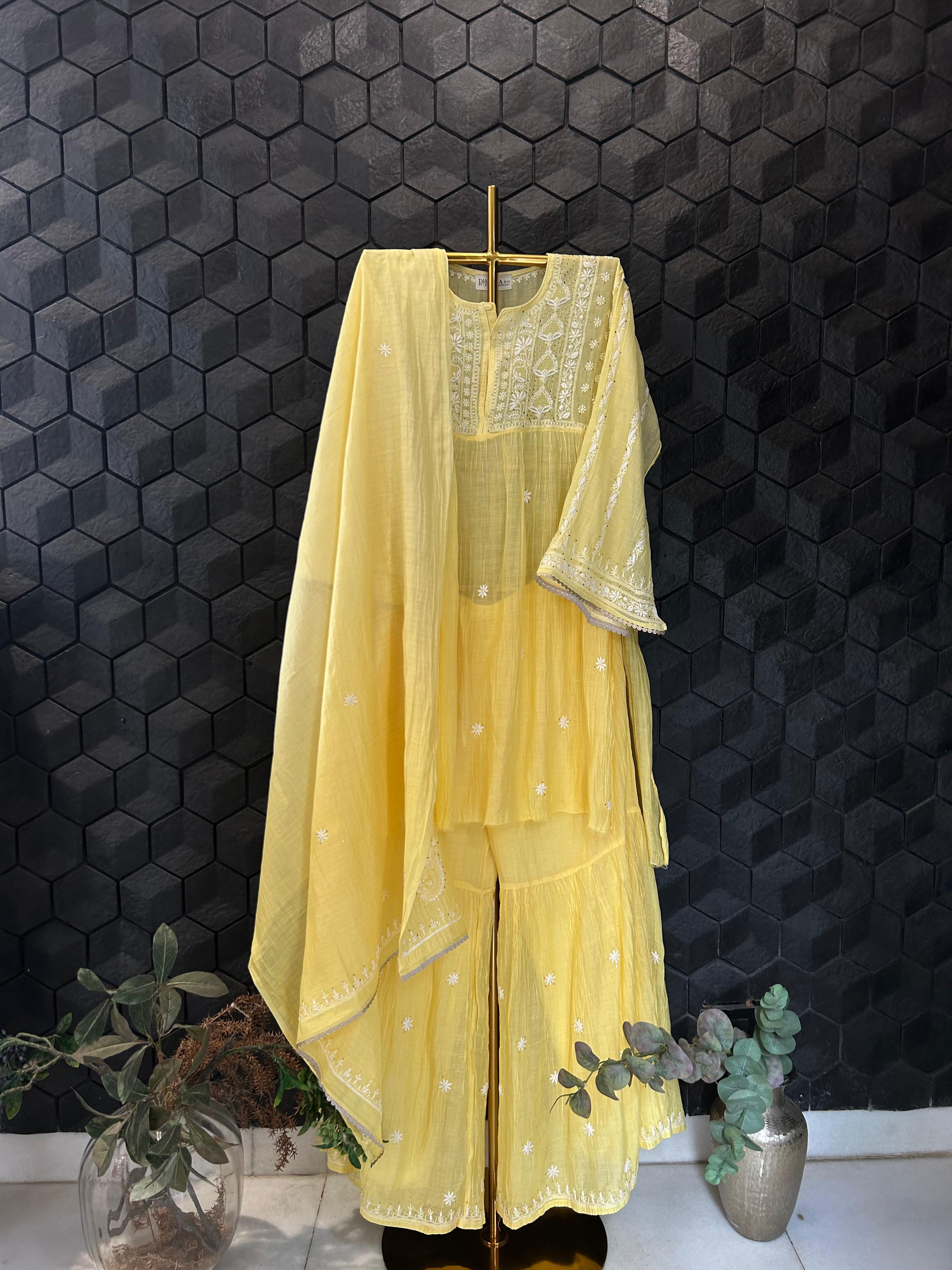 Yellow Mul Chanderi Chikankari Mukaish Sharara Set
