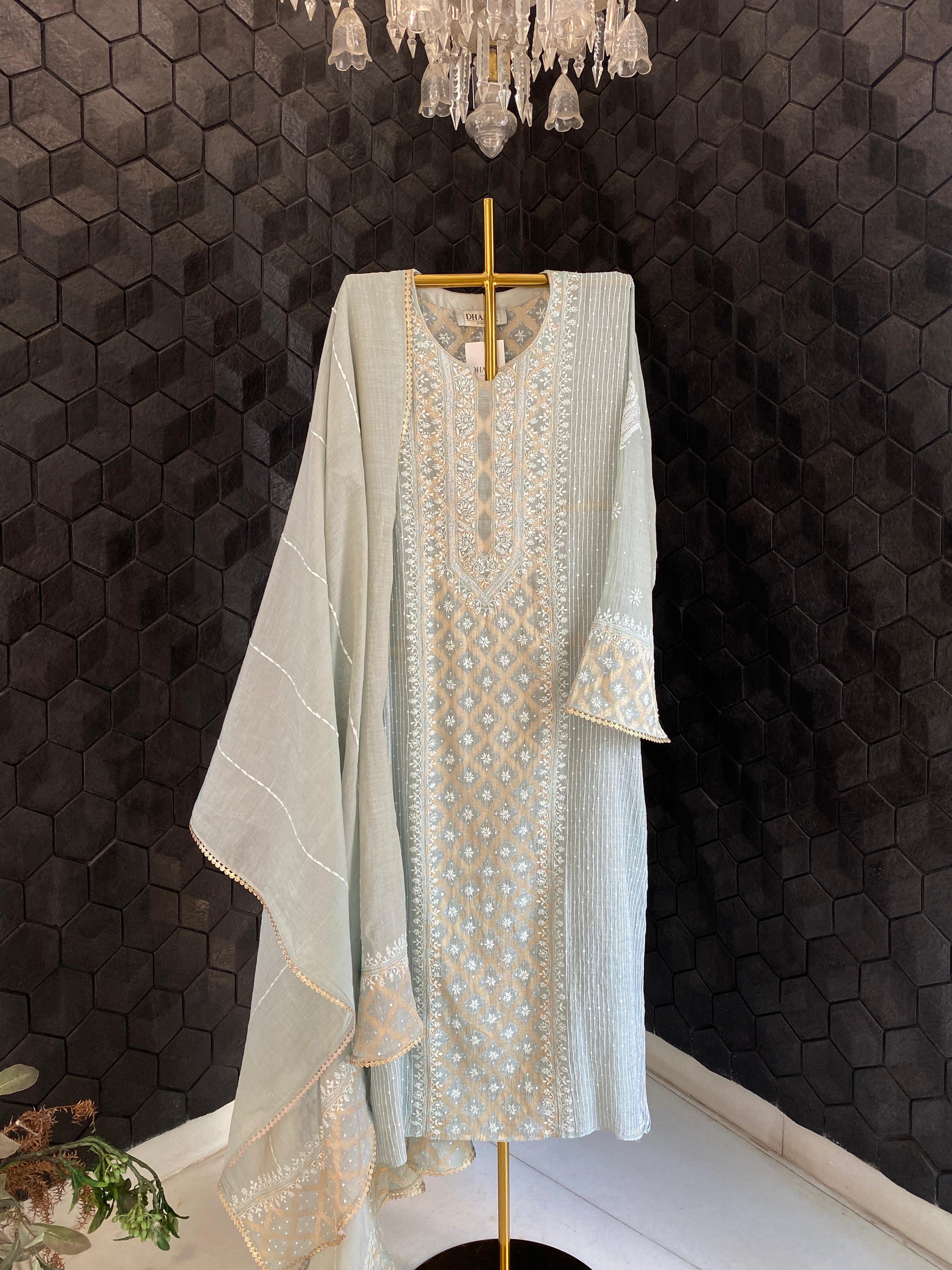 Green Golden Tissue Chikankari Kurta Set