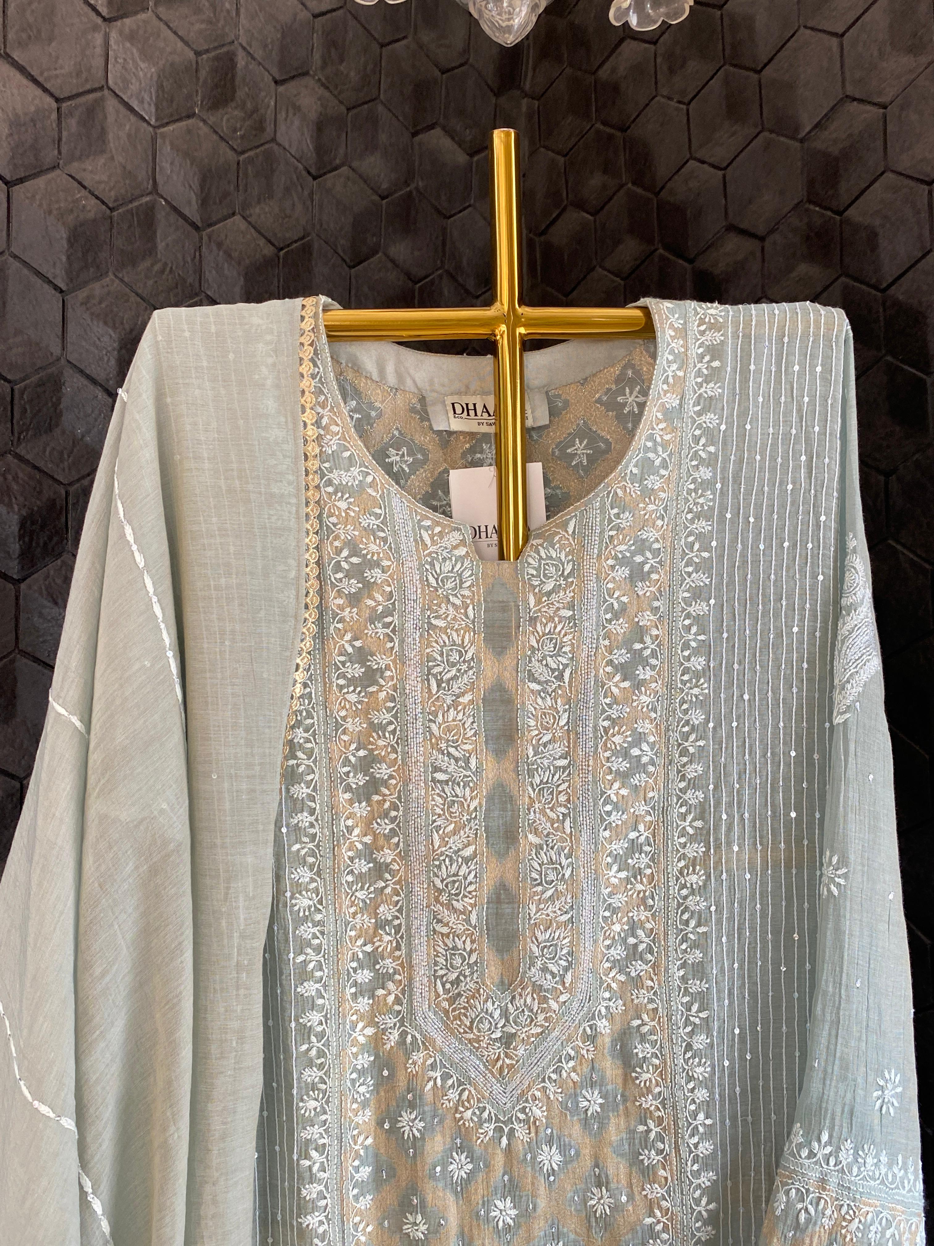 Green Golden Tissue Chikankari Kurta Set