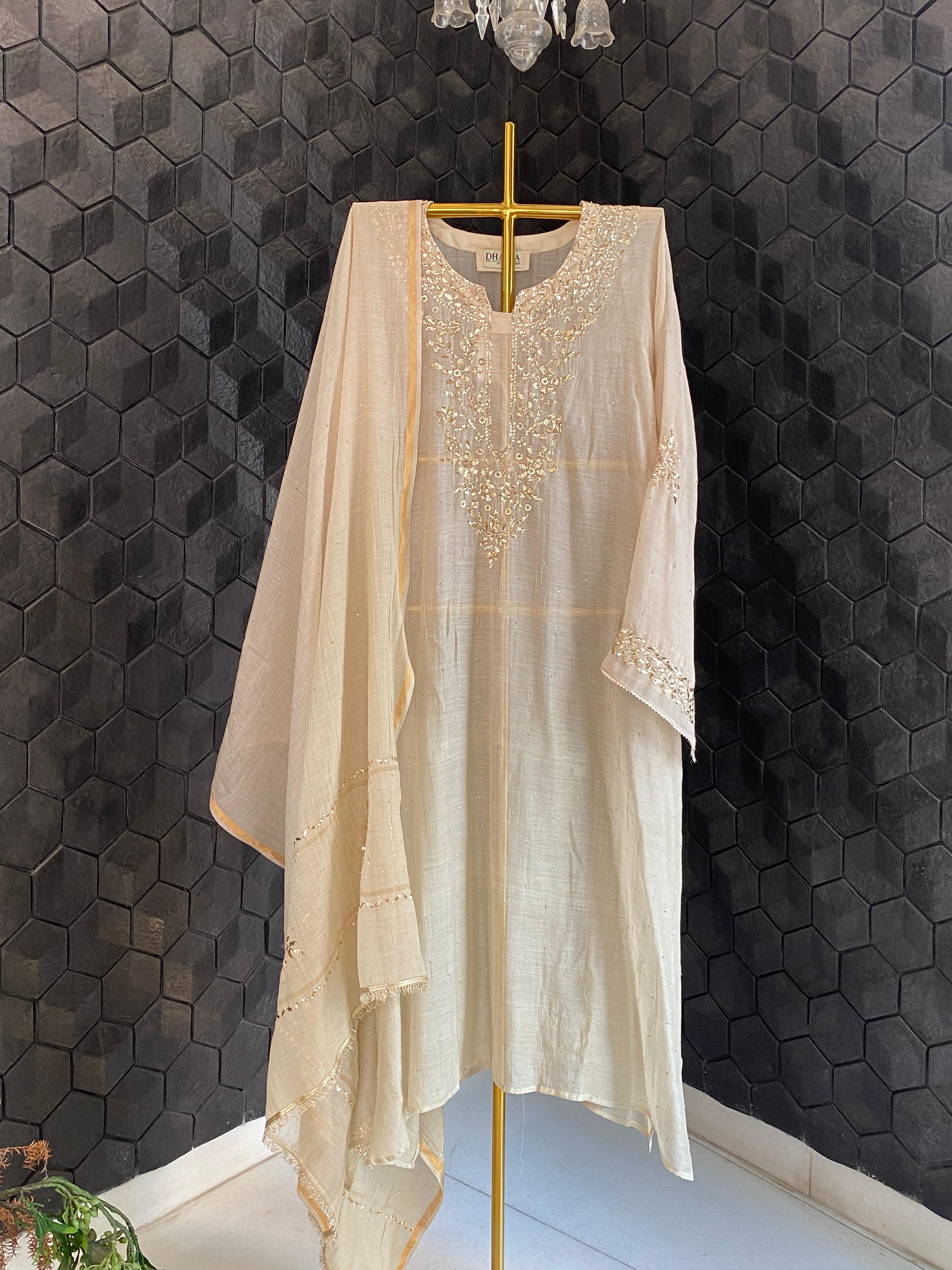 Beige Mul Chanderi Mukaish Kurta Set
