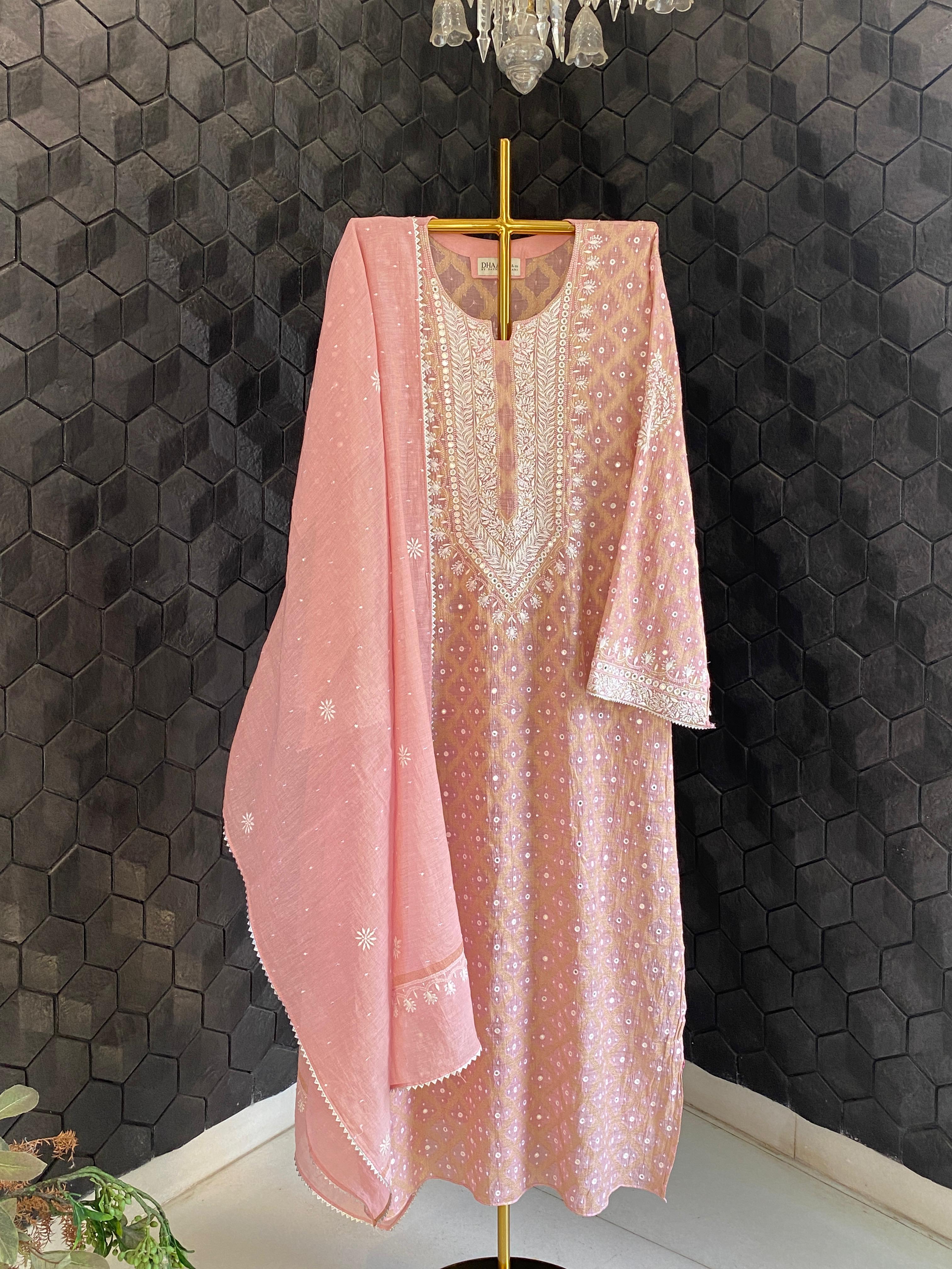 Pink Golden Tissue Chikankari Kurta Set