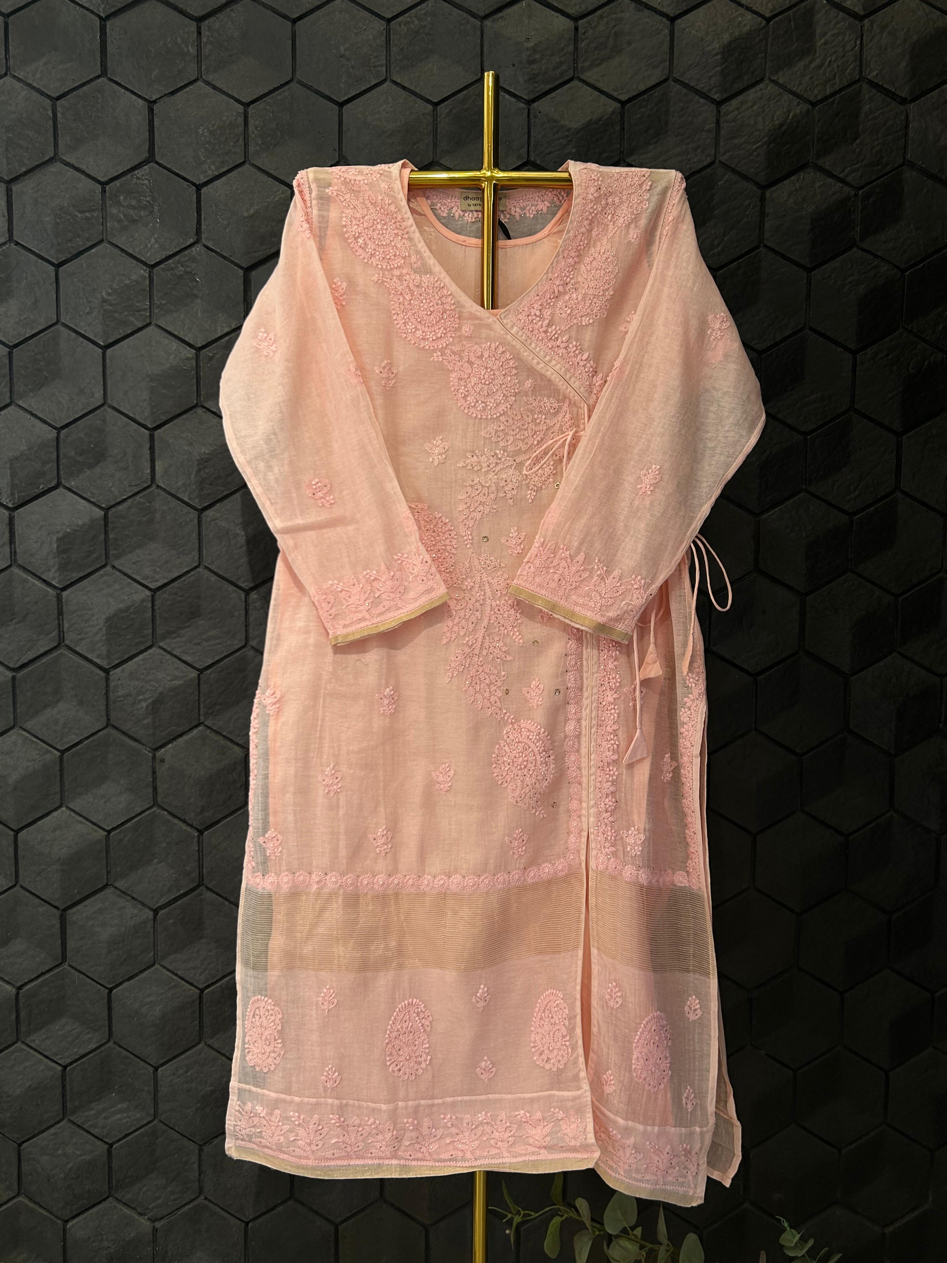 Pink chanderi chikankari angarkha kurta set