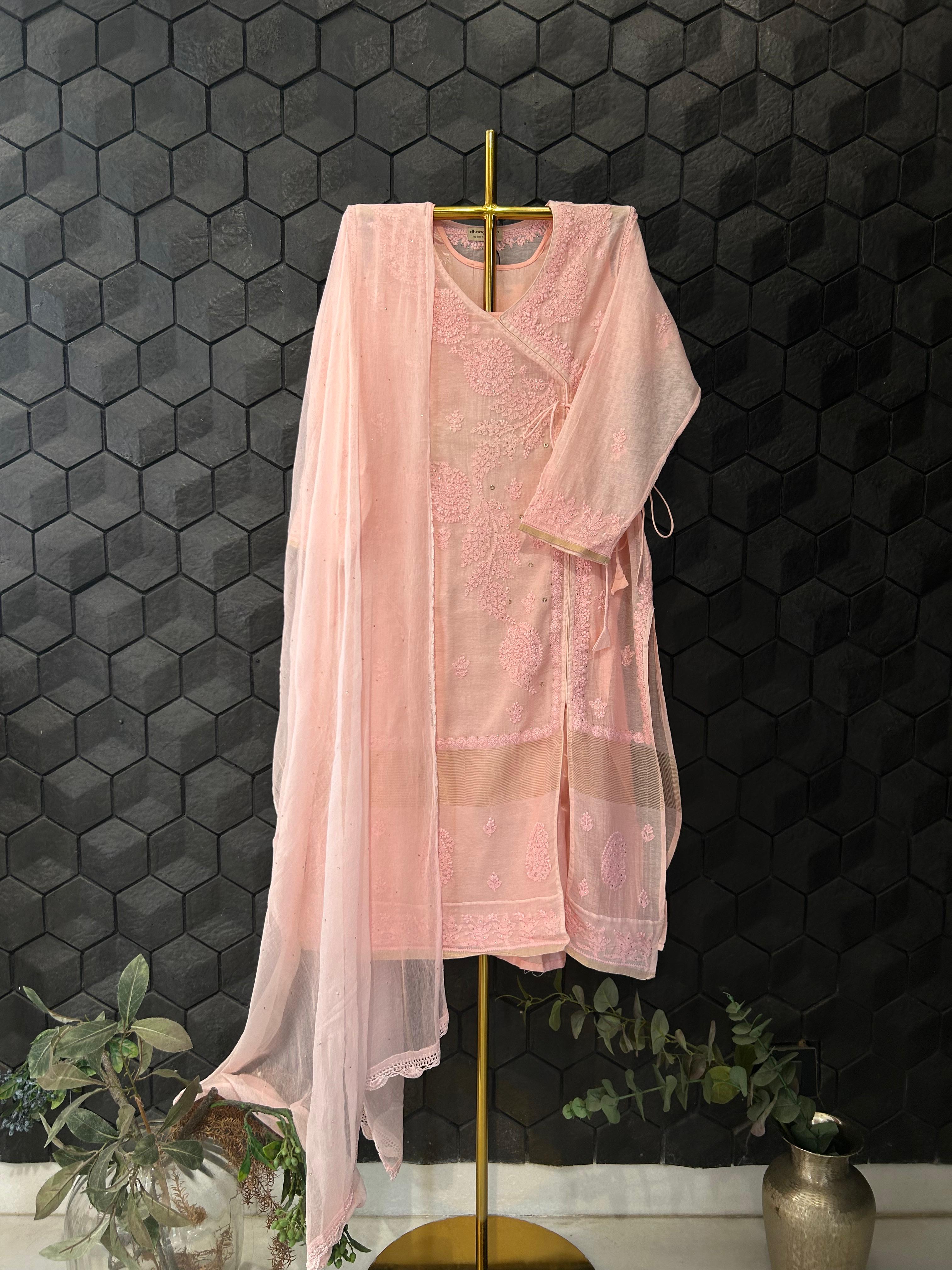 Pink chanderi chikankari angarkha kurta set