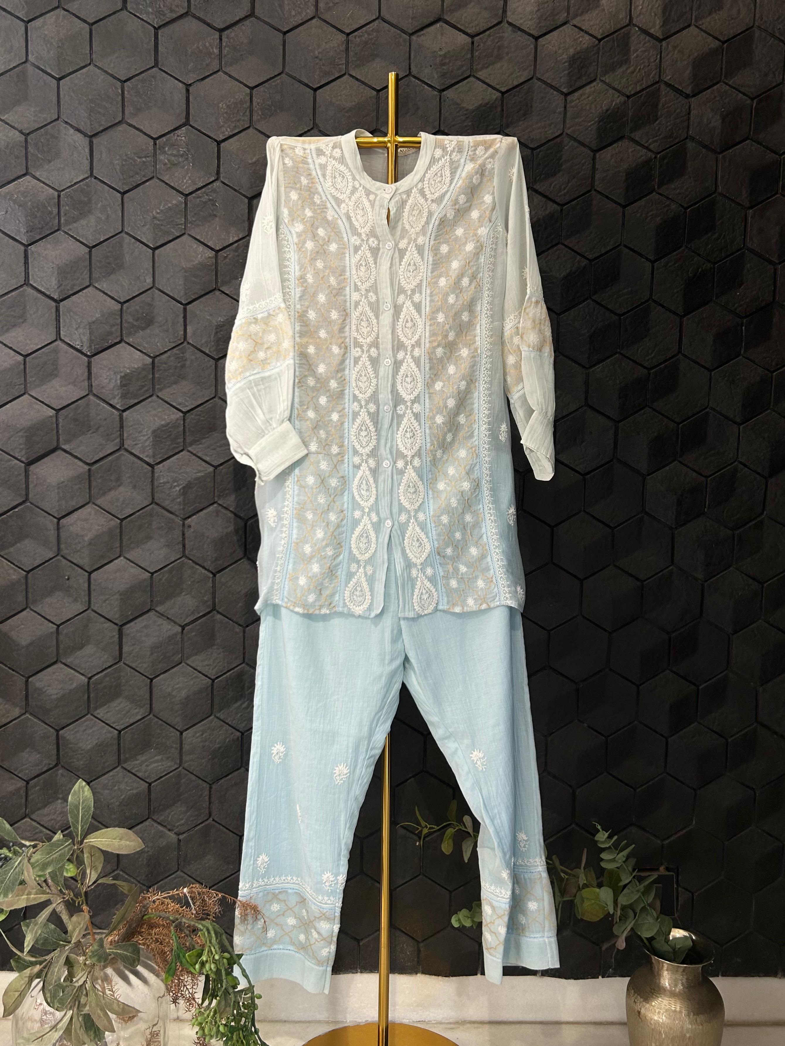 Sky blue mul chanderi chikankari co-ord set