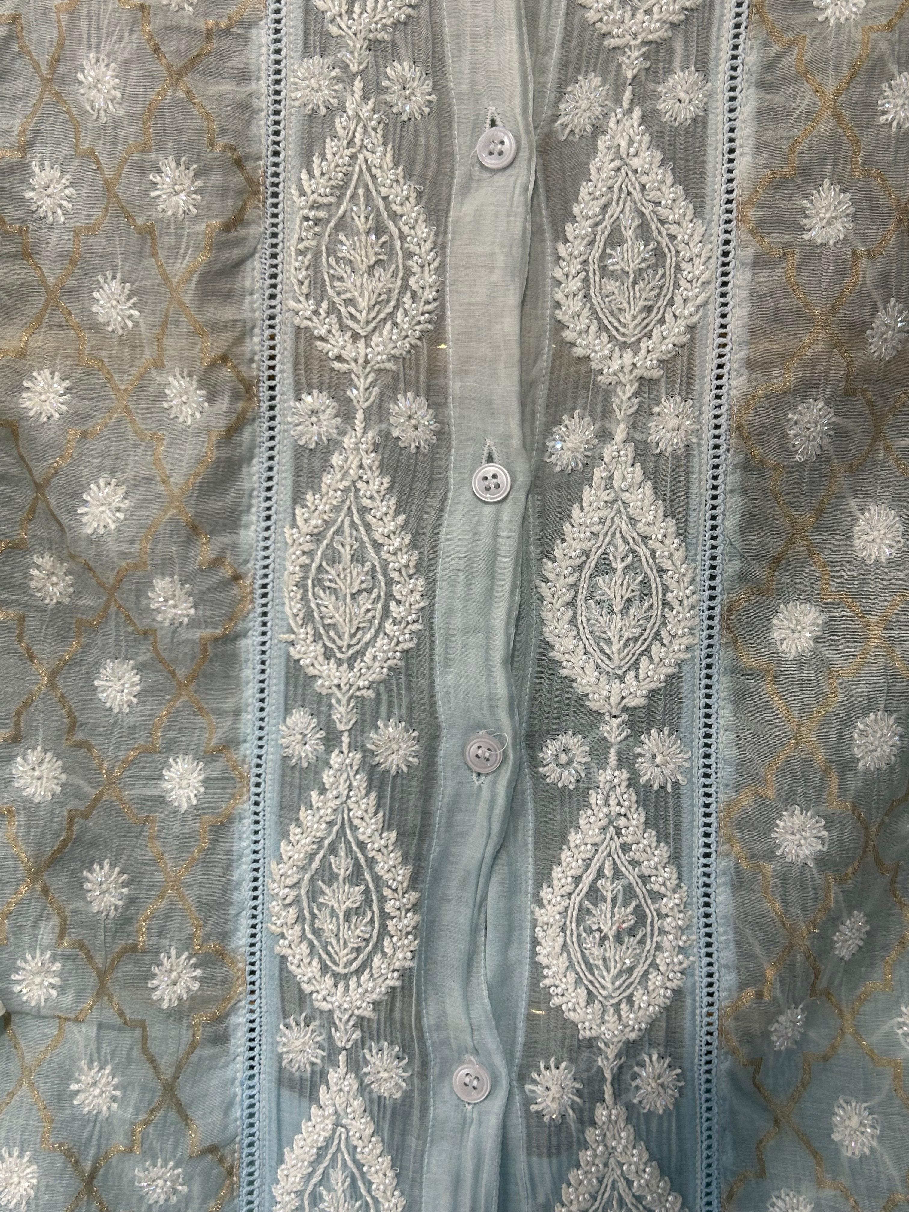 Sky blue mul chanderi chikankari co-ord set