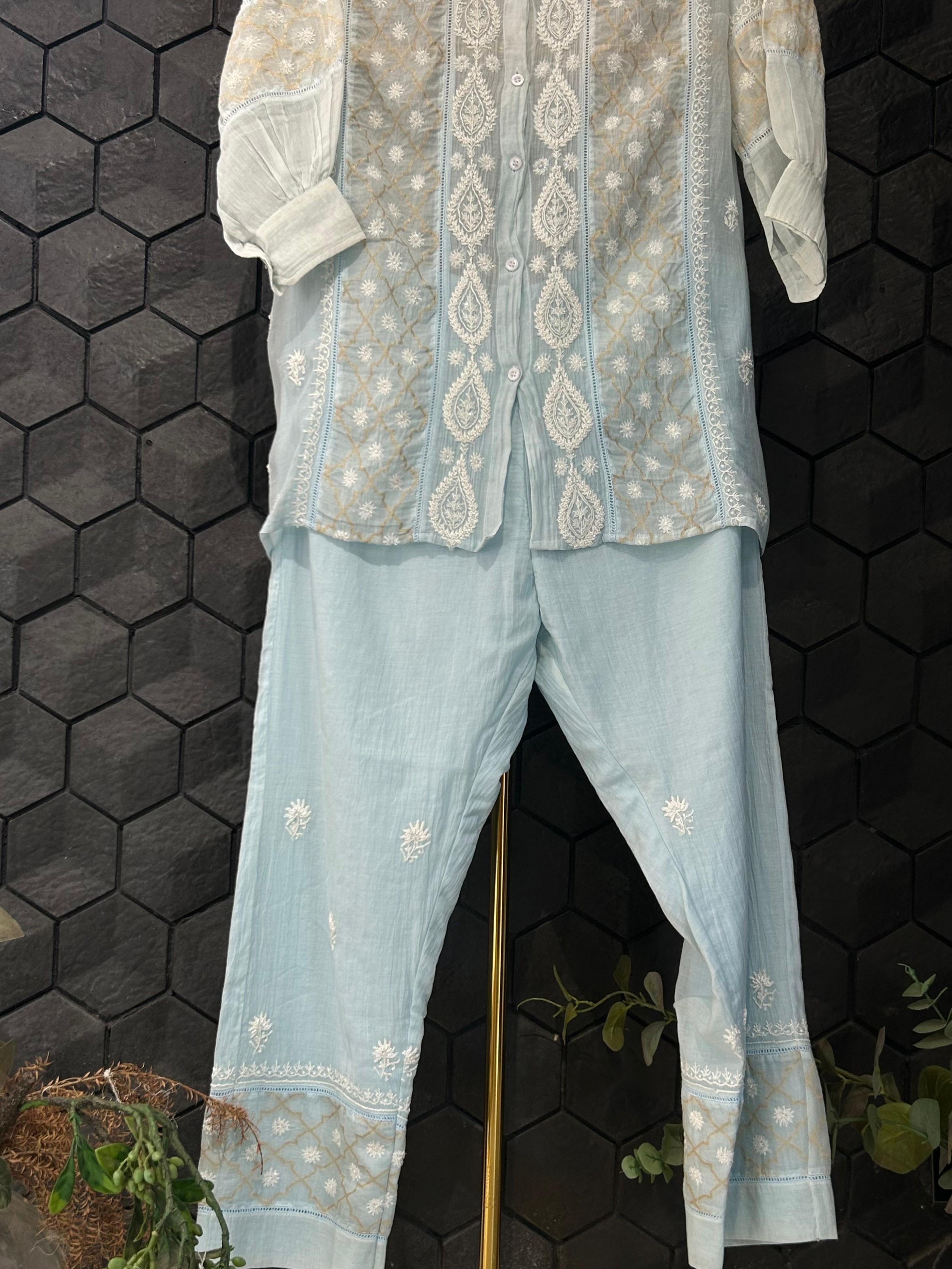 Sky blue mul chanderi chikankari co-ord set