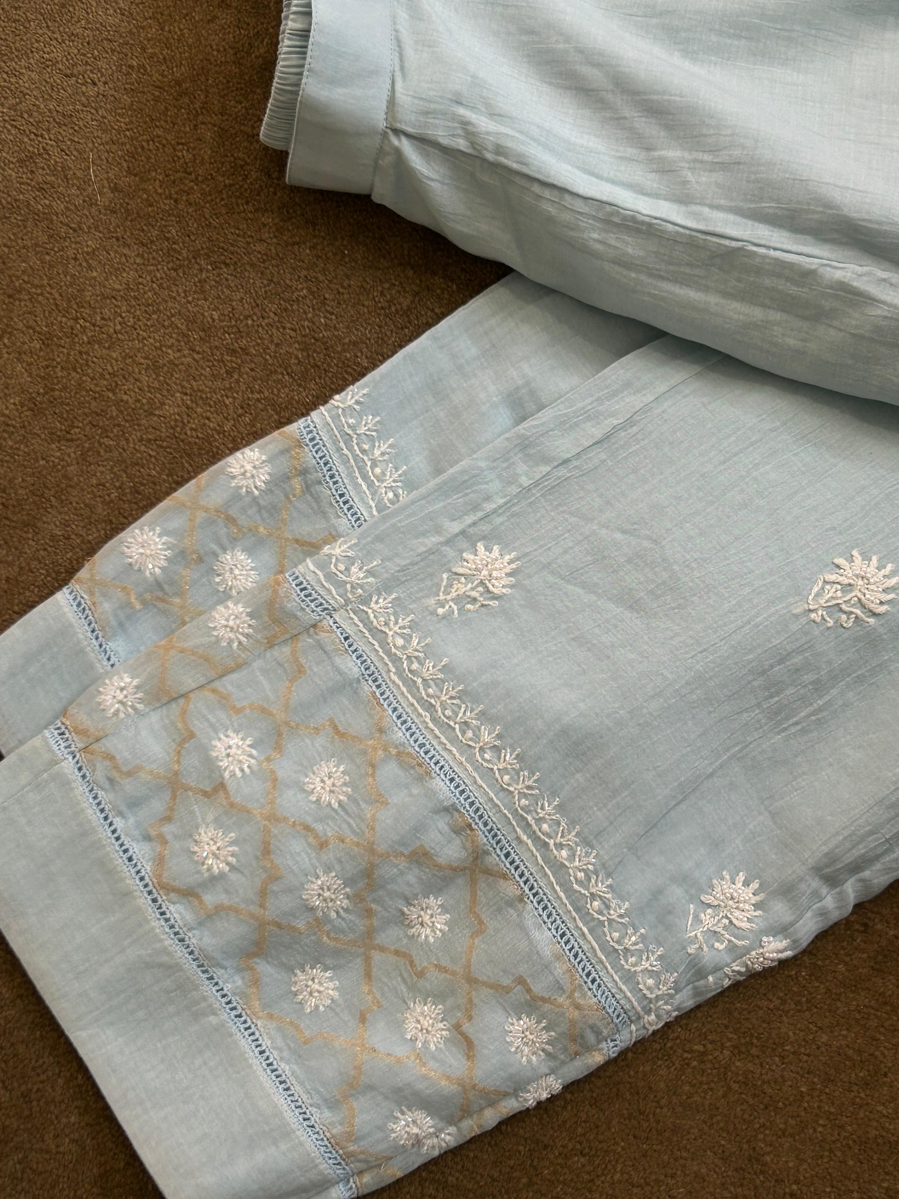 Sky blue mul chanderi chikankari co-ord set