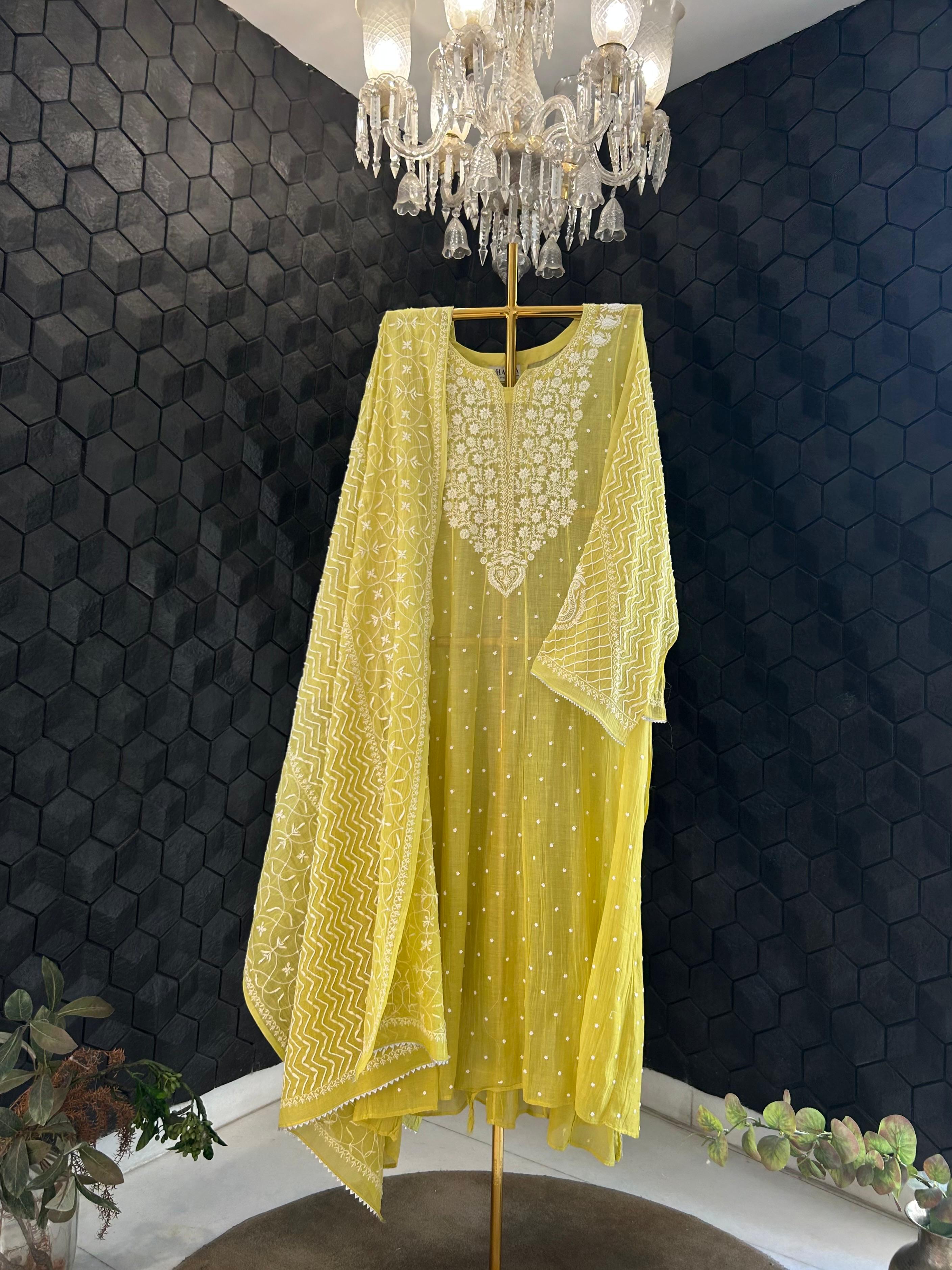 Green mul chanderi chikankari kurta set