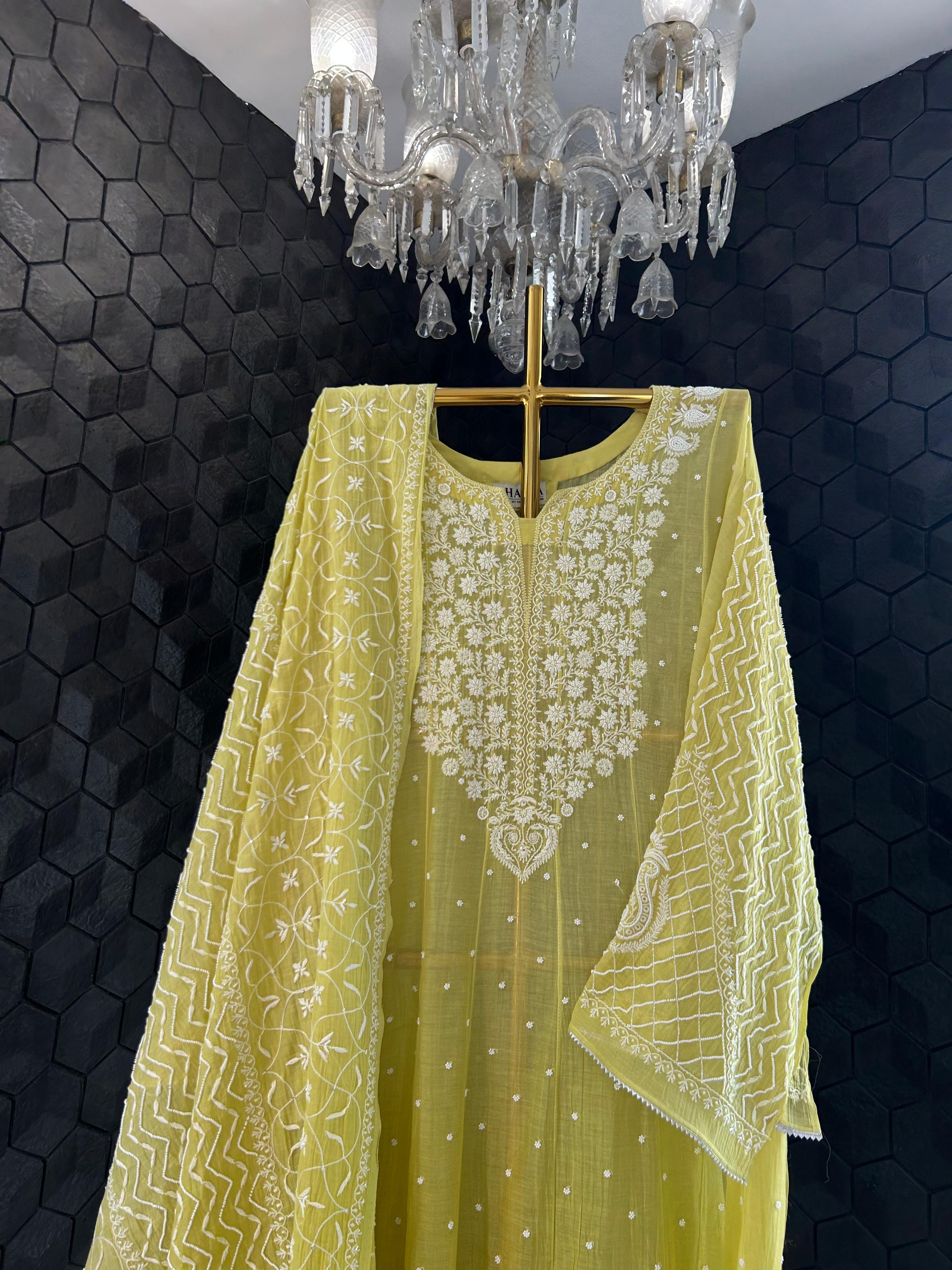 Green mul chanderi chikankari kurta set
