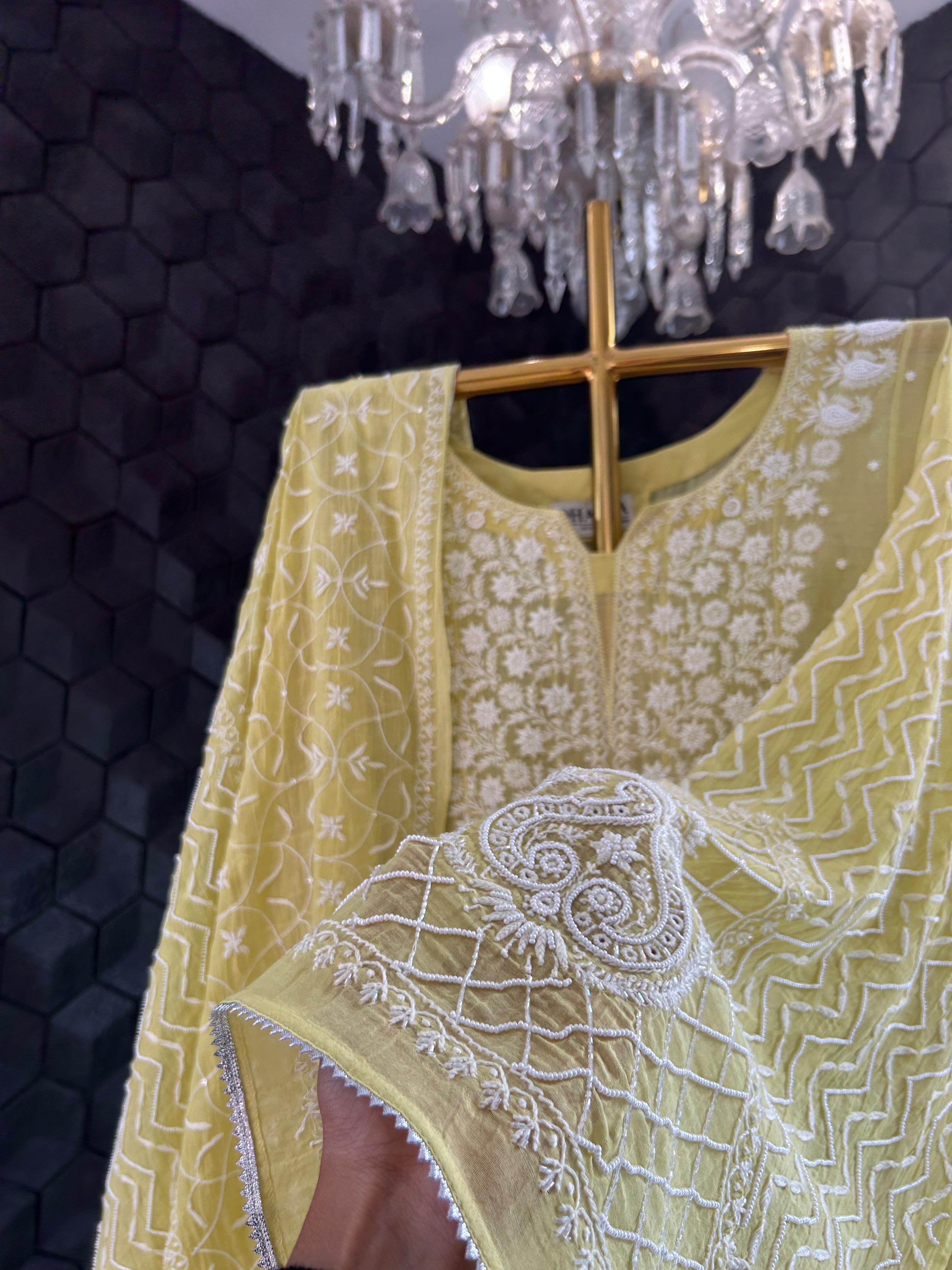 Green mul chanderi chikankari kurta set