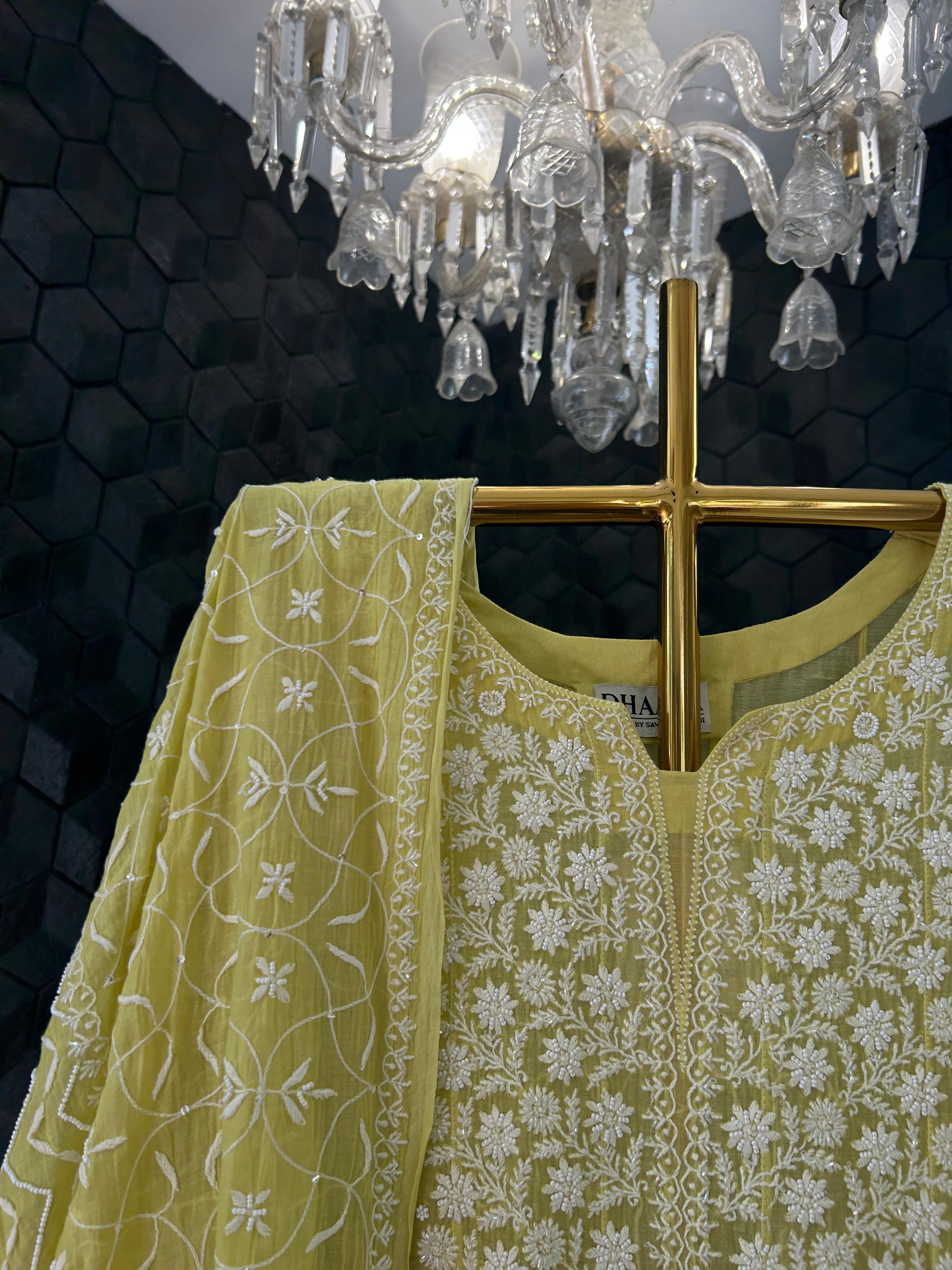 Green mul chanderi chikankari kurta set