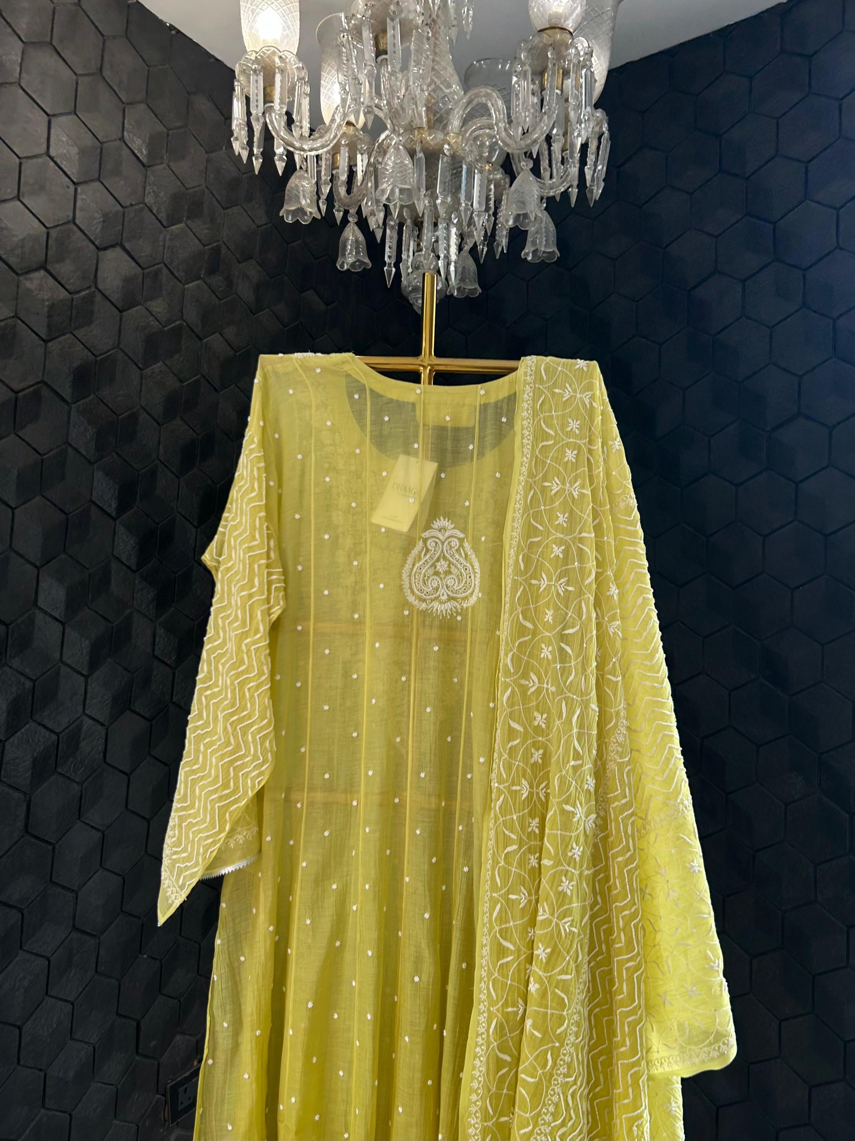 Green mul chanderi chikankari kurta set