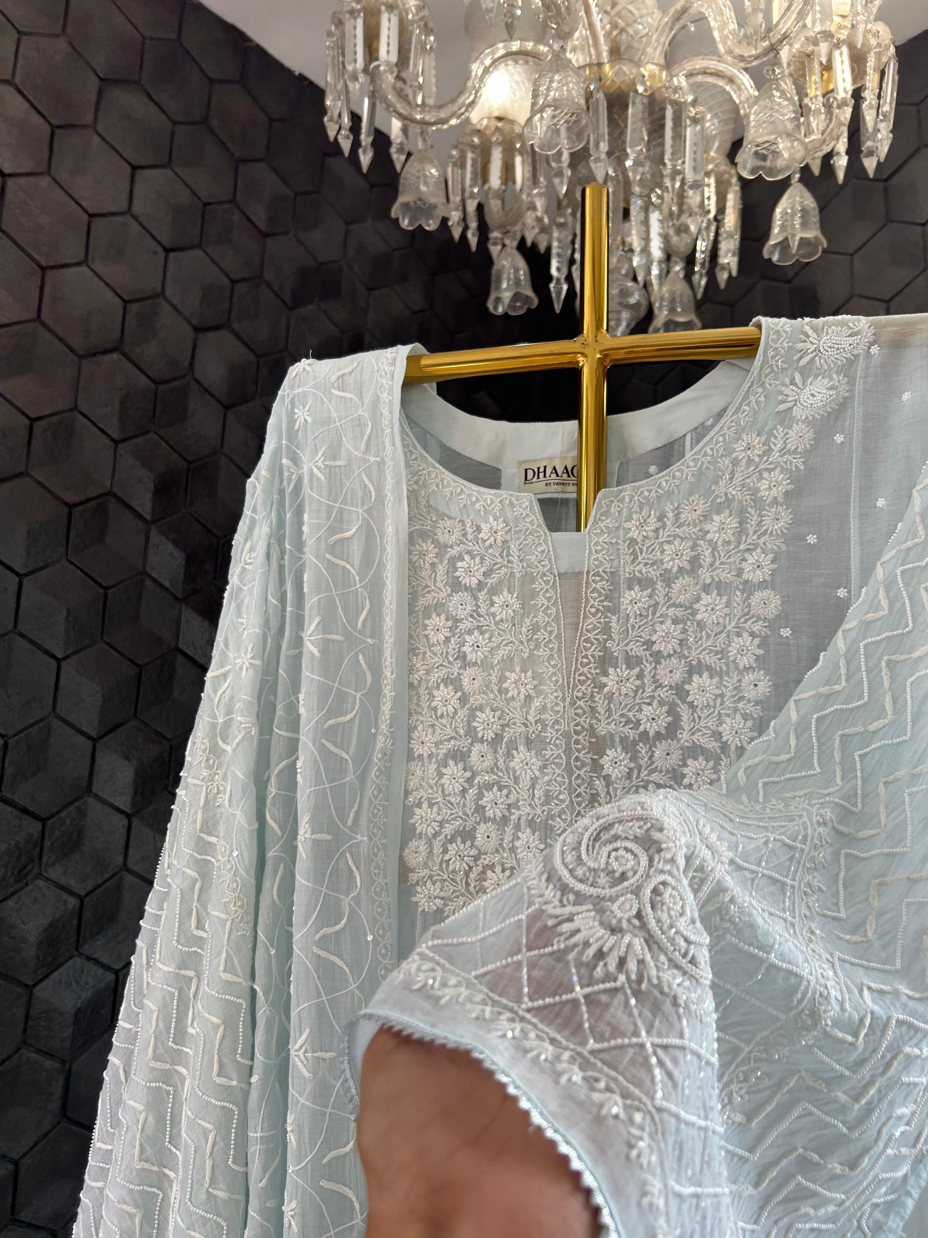 Blue mul chanderi chikankari kurta set