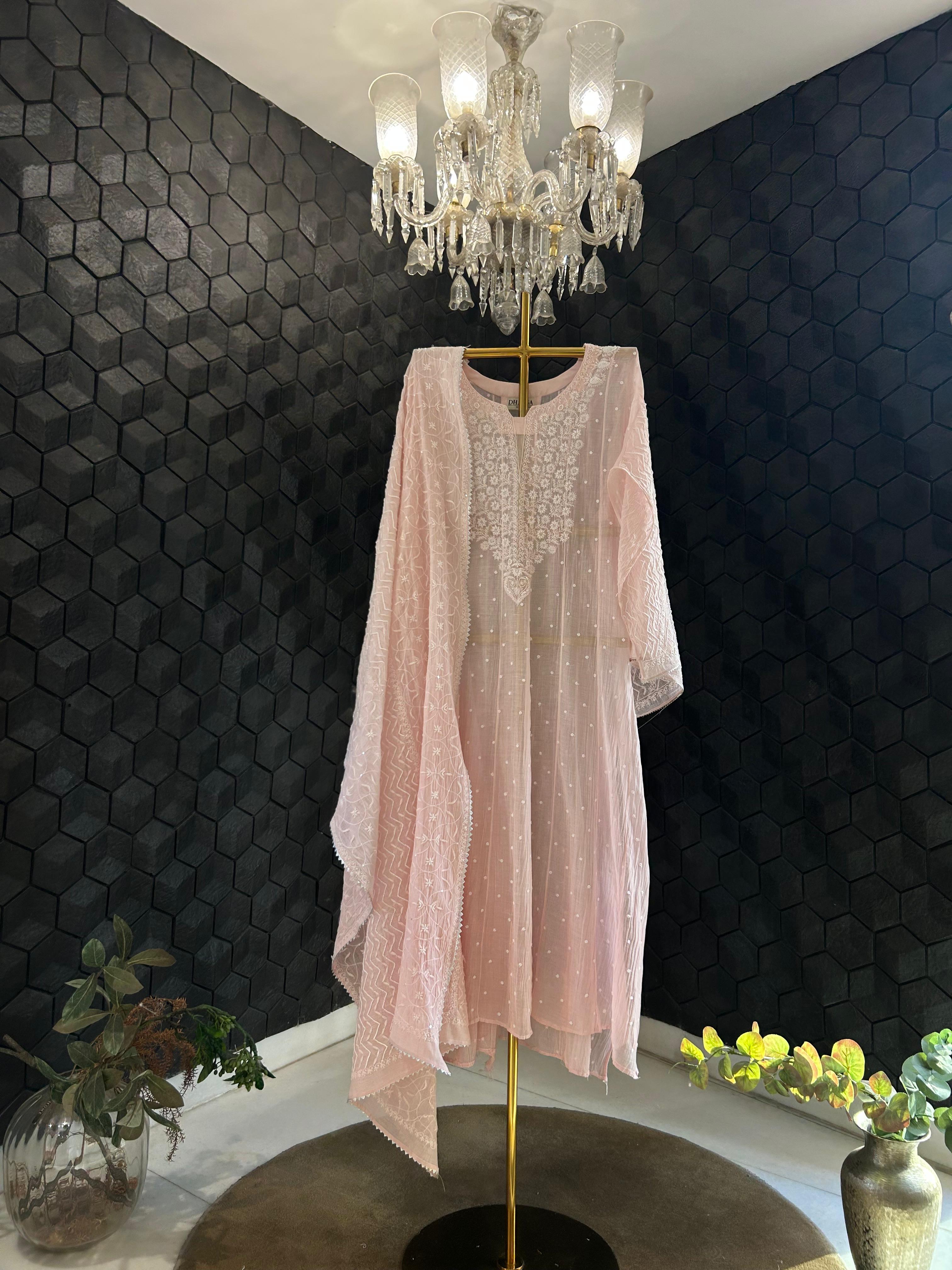 Pink mul chanderi chikankari anarkali set