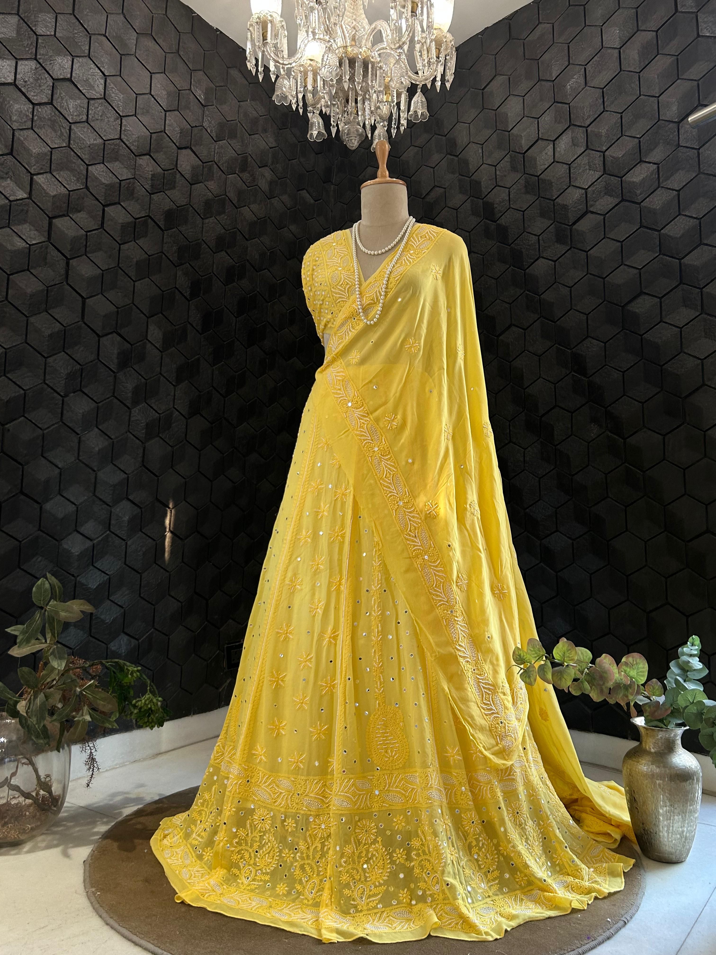 Yellow Viscose Chikankari Lehenga Set