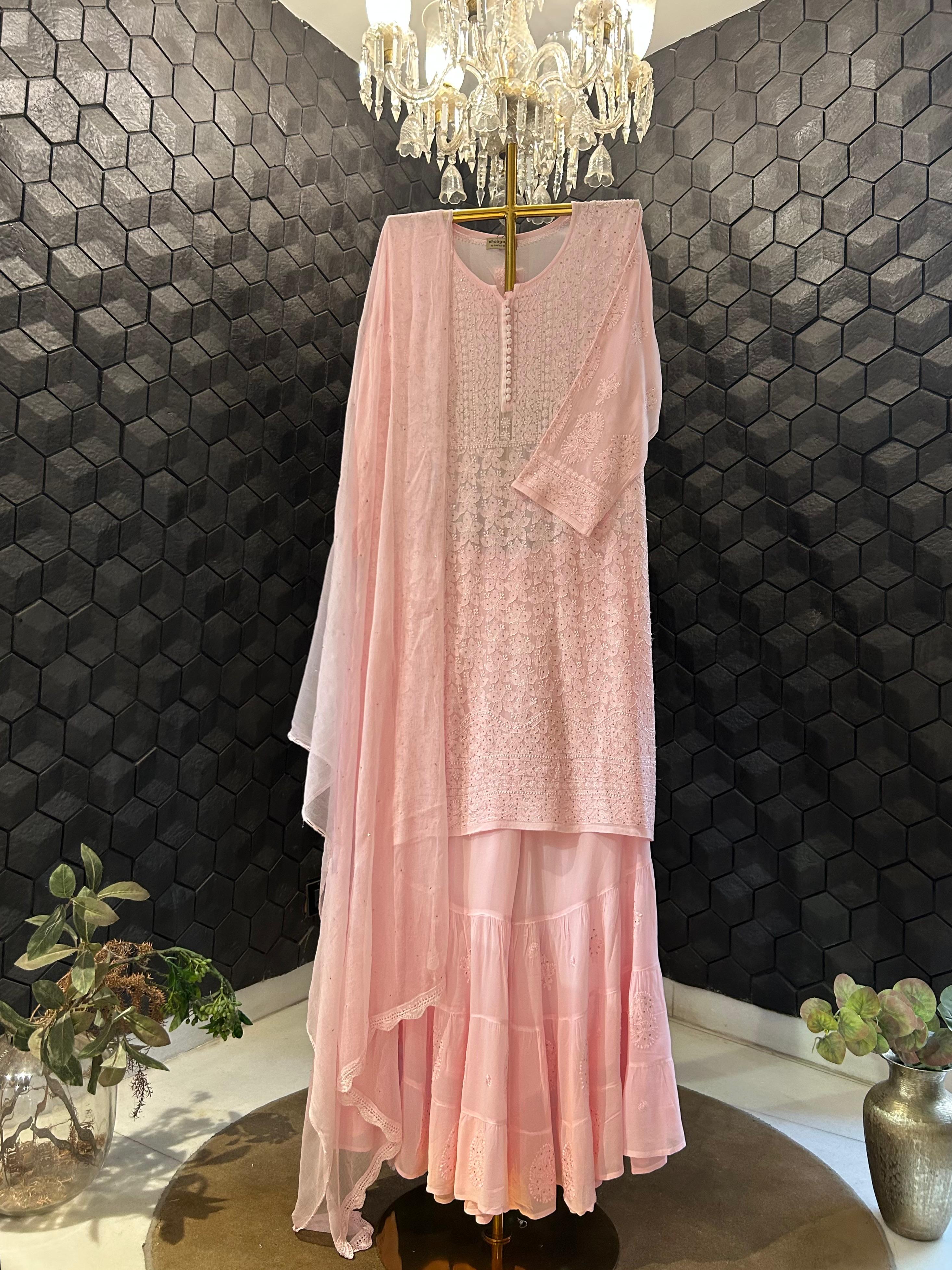 Pink Viscose chikankari sharara set
