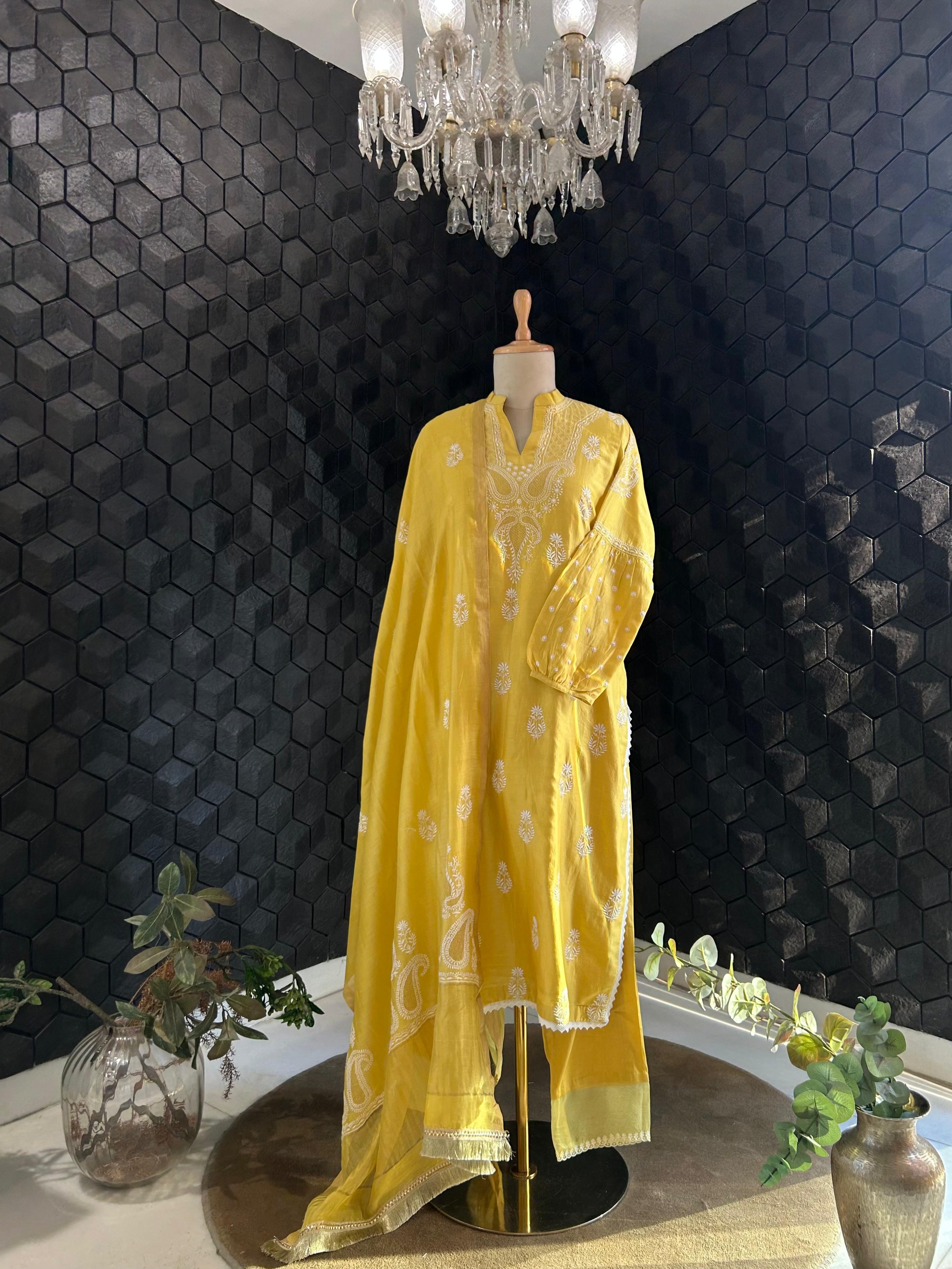 Yellow chanderi chikankari kurta set