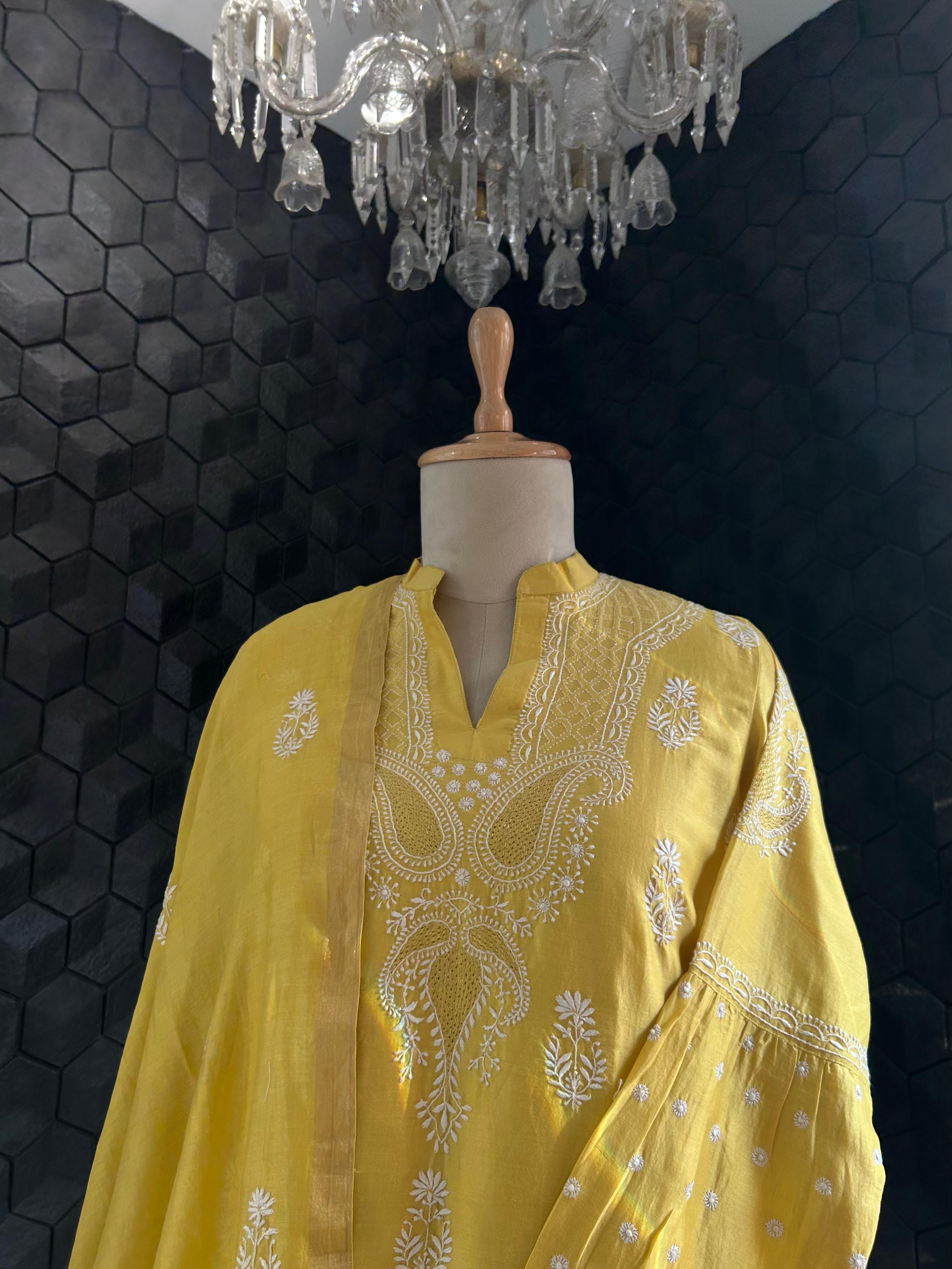 Yellow chanderi chikankari kurta set