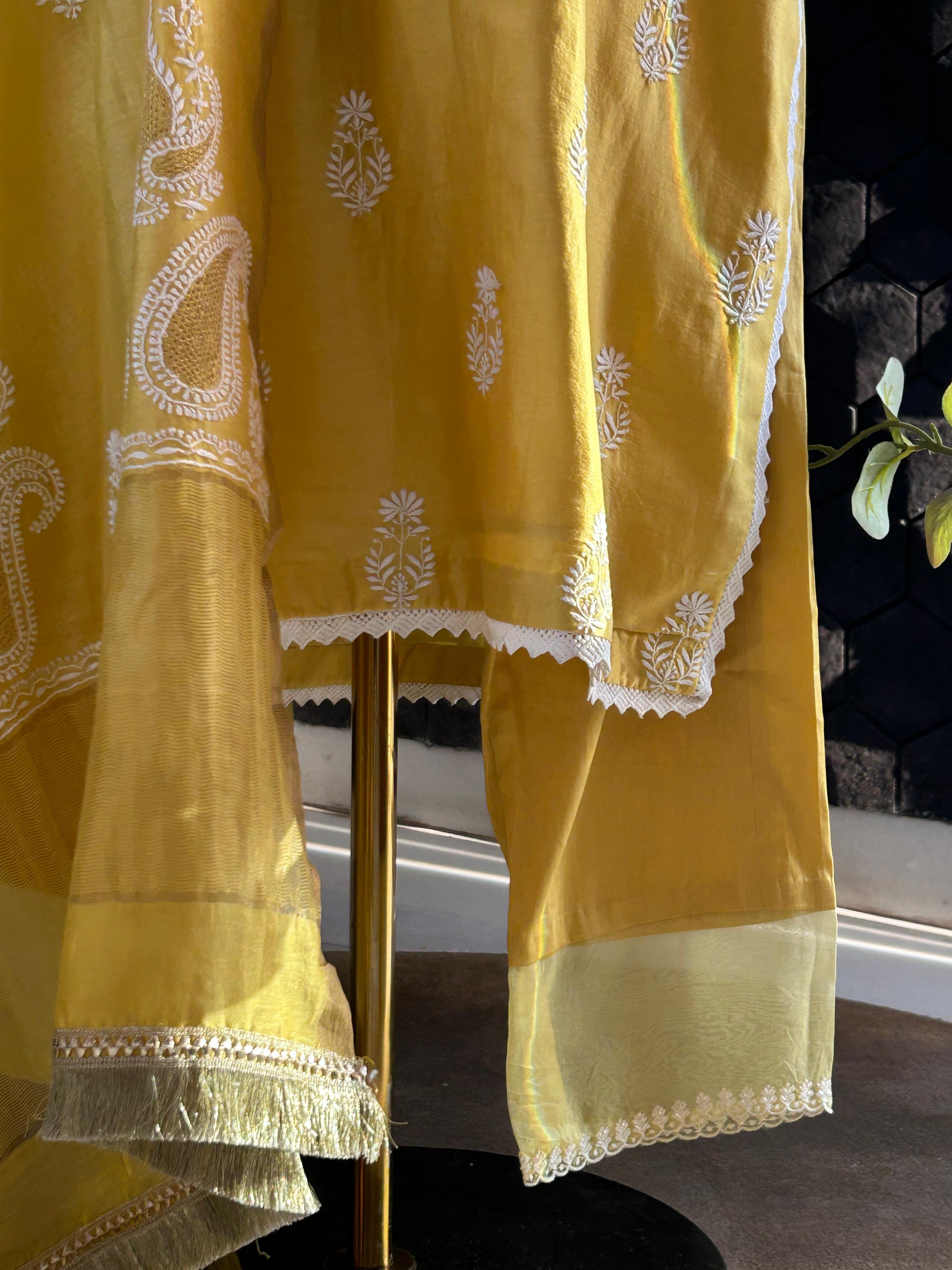 Yellow chanderi chikankari kurta set