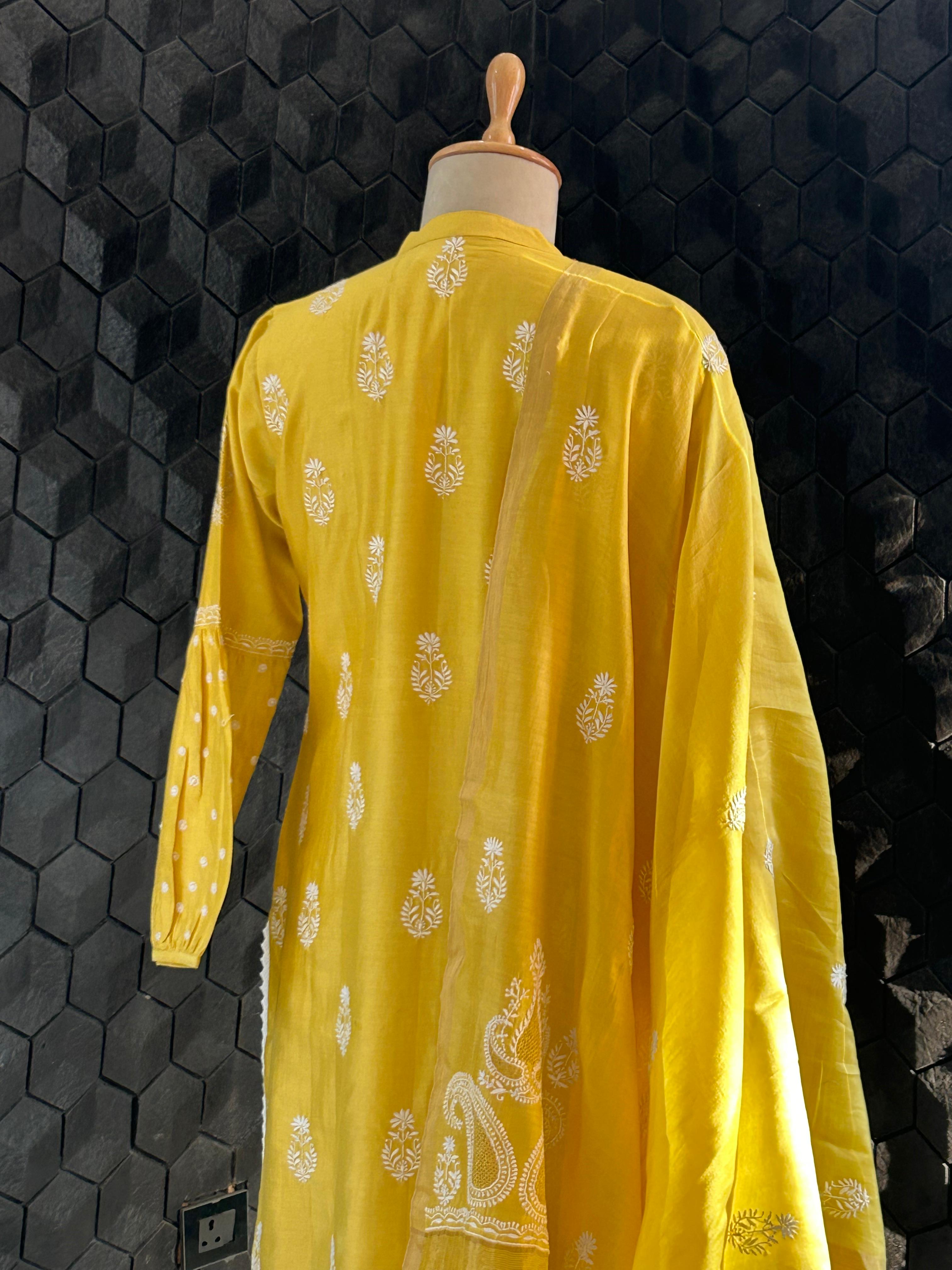 Yellow chanderi chikankari kurta set