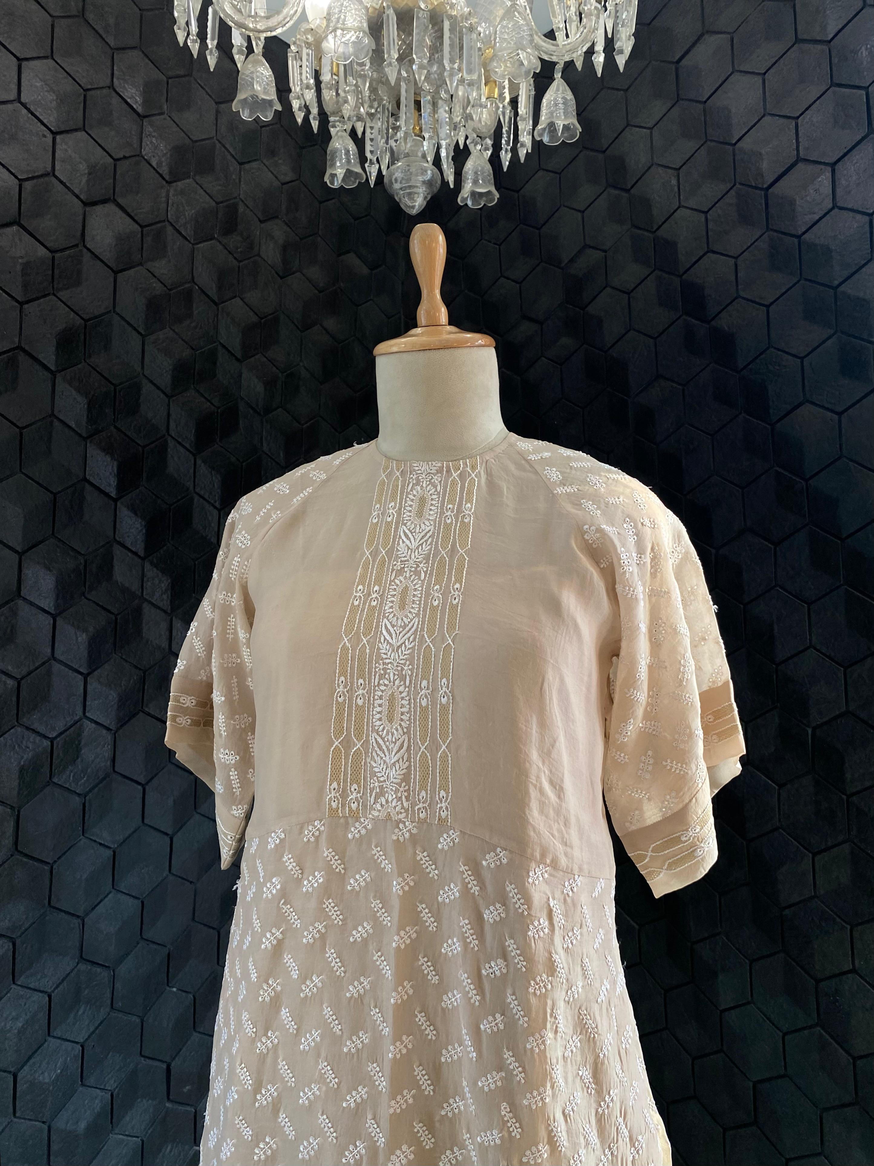 Beige organza chikankari dress