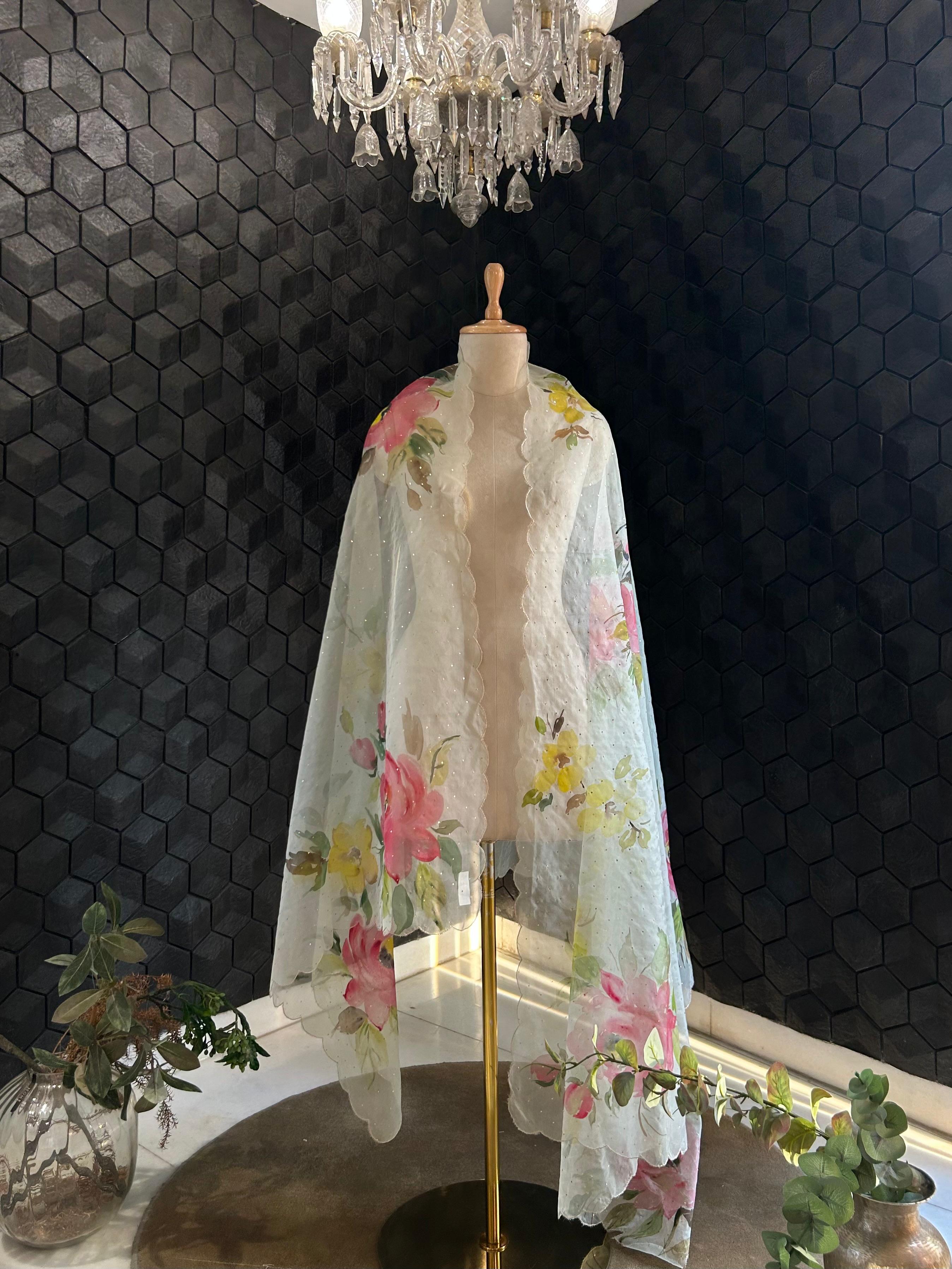 Mint Green organza chikankari dupatta