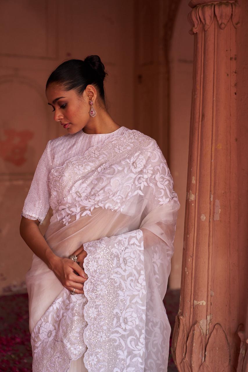 White organza chikankari saree
